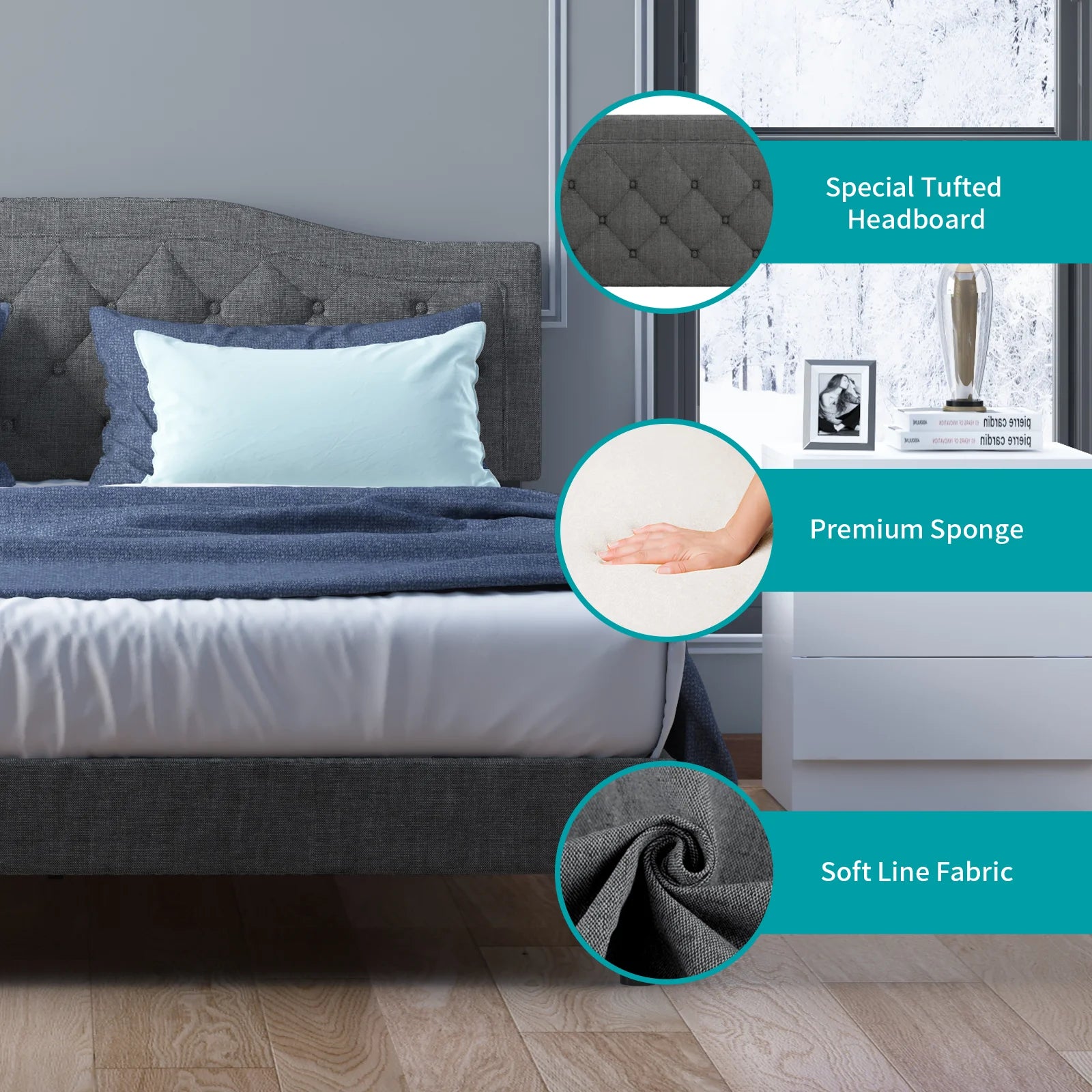 BALUS King Size Upholstered Bed Frame with Headboard,Metal Bed Frame with Steel Slat Support / No Box Spring Needed / Easily Assemble/No Mattress (Dark Gray)