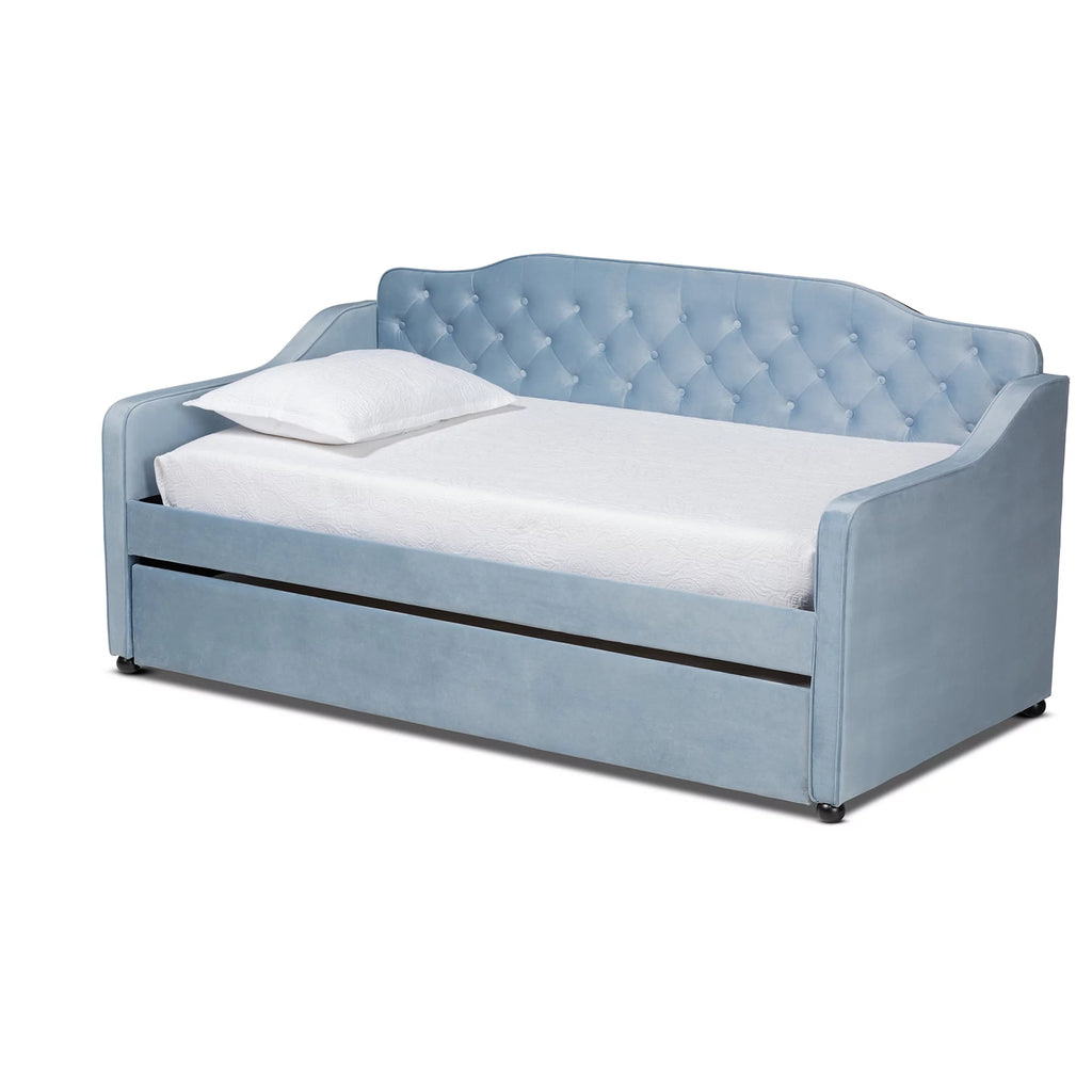 Baxton Studio Freda Transitional and Contemporary Light Blue Velvet Upholstered and Button Tufted Twin Size Daybed with Trundle