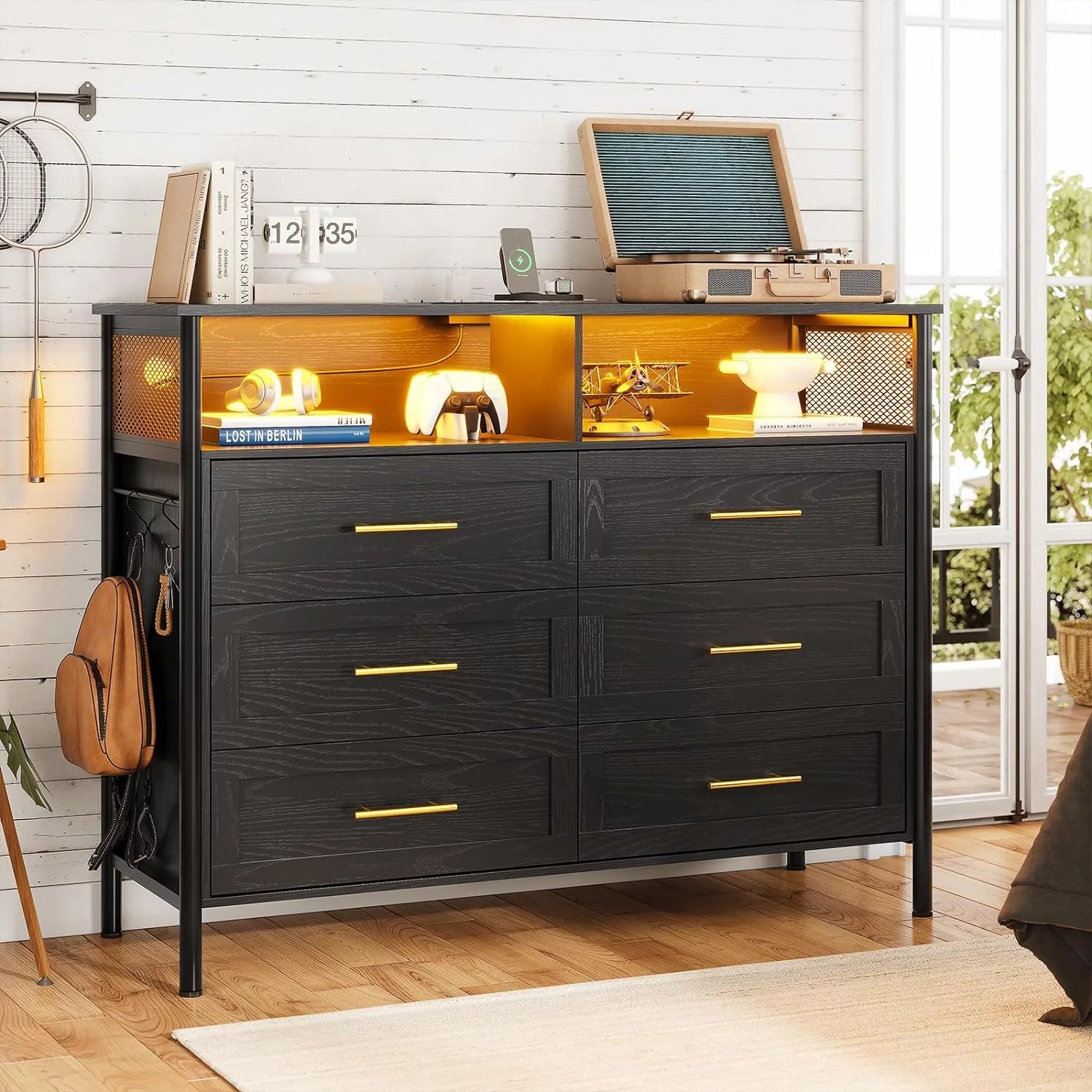 6 Drawer Dresser with Charging Station, Modern LED Wood Dresser with LED Lights and Cloth Pocket, Black