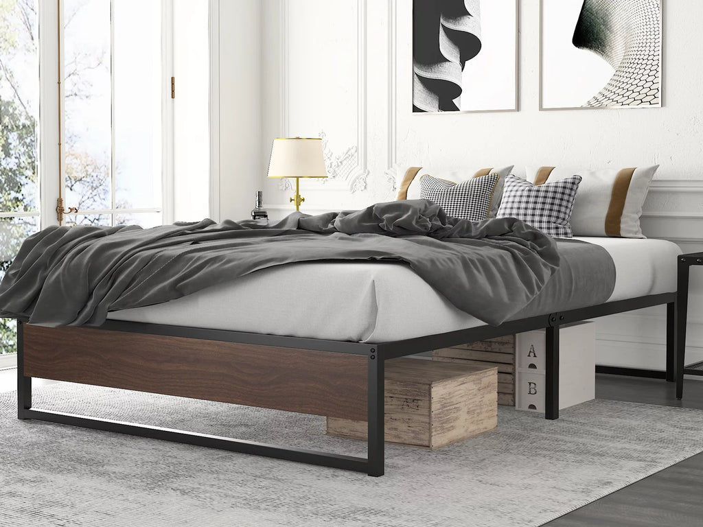 Amolife Queen Size Platform Bed Frame with Rustic Wood, Metal Slats, Black