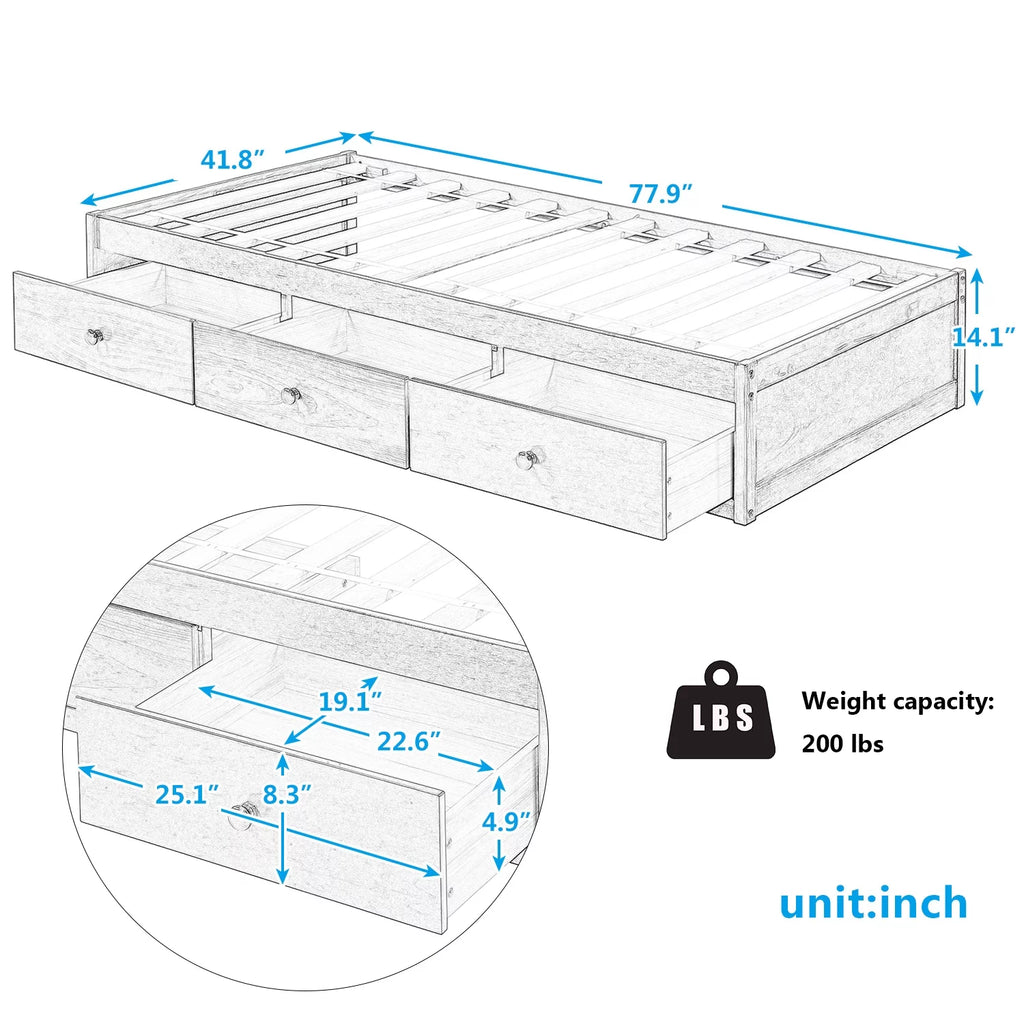 Bellemave Twin Size Platform Bed with Storage Drawers Twin Size Storage Bed with Wooden Slats Space Saving Wood Bed Frame for Kids Teens No Box Spring Needed, Cherry Brown