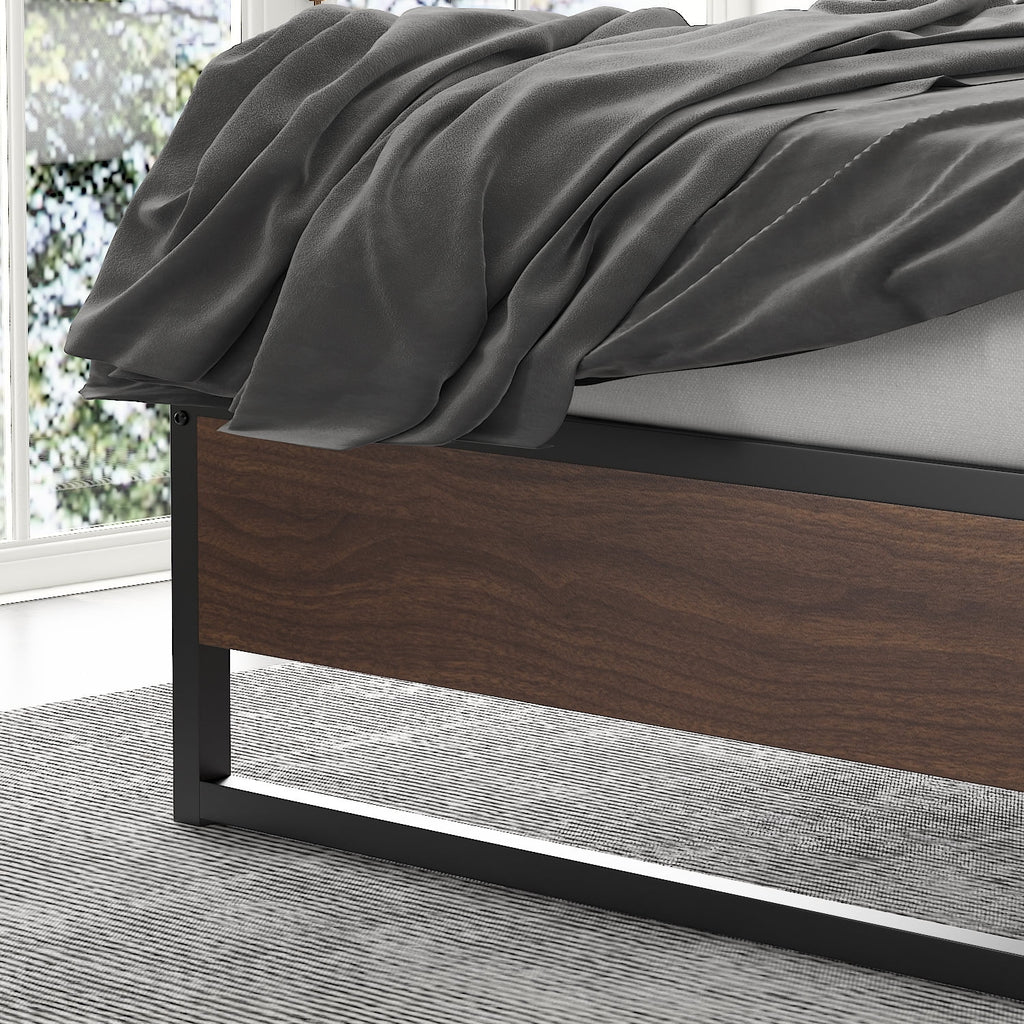 Amolife Queen Size Platform Bed Frame with Rustic Wood, Metal Slats, Black