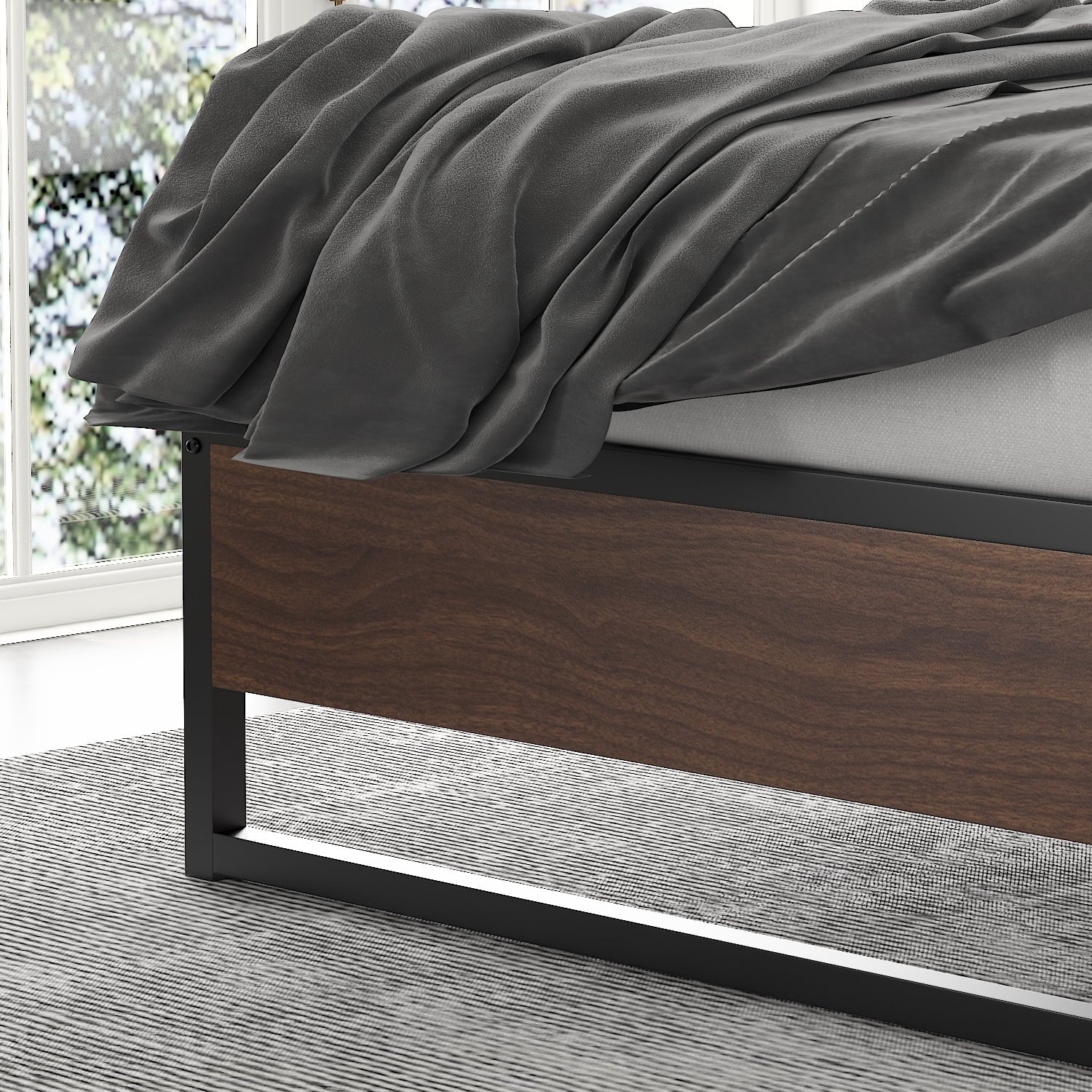 Amolife Queen Size Platform Bed Frame with Rustic Wood, Metal Slats, Black