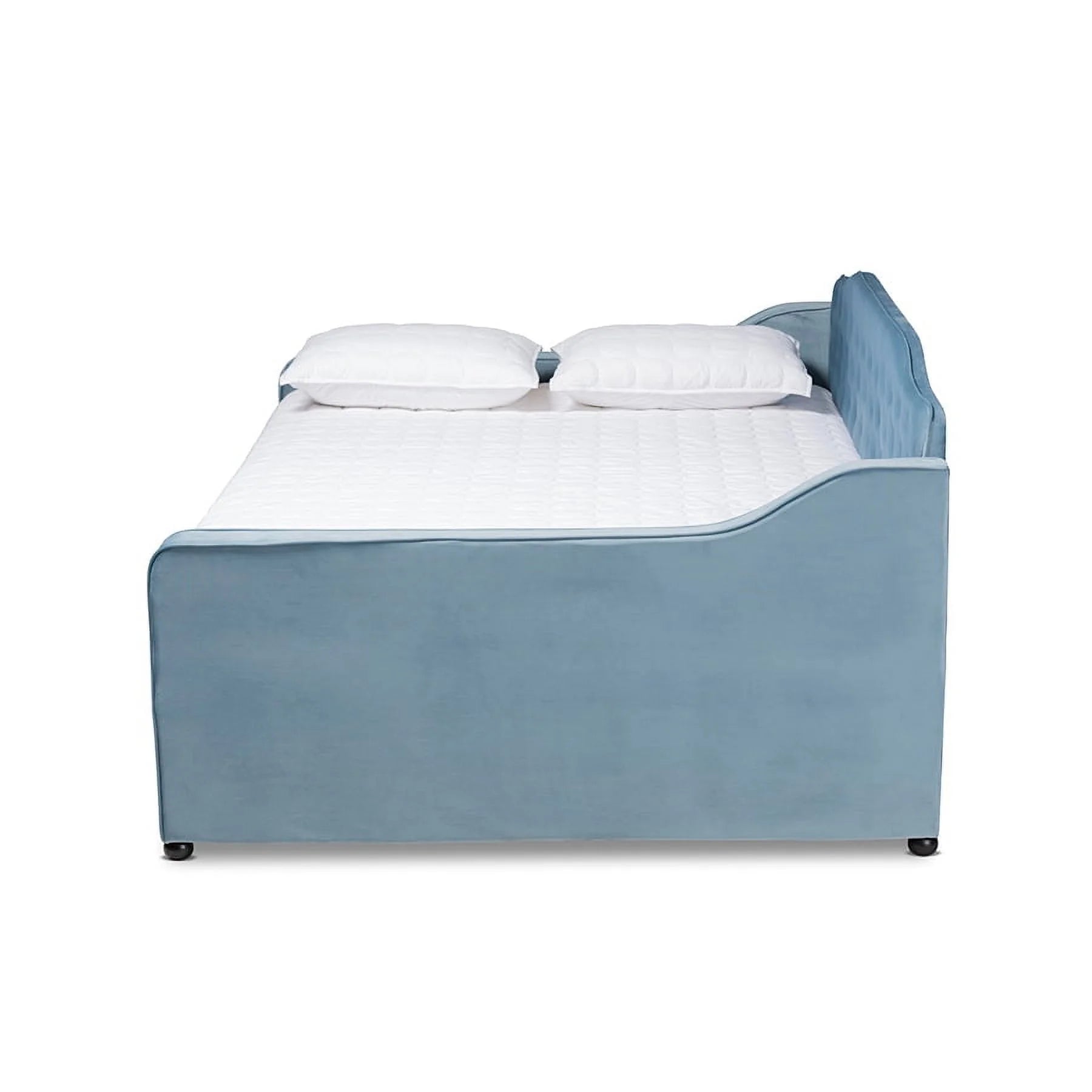 Baxton Studio Freda-Light Blue Velvet-Daybed-F-T Transitional & Contemporary Fabric Upholstered & Button Tufted Daybed With Trundle, Light Blue Velvet - Full Size
