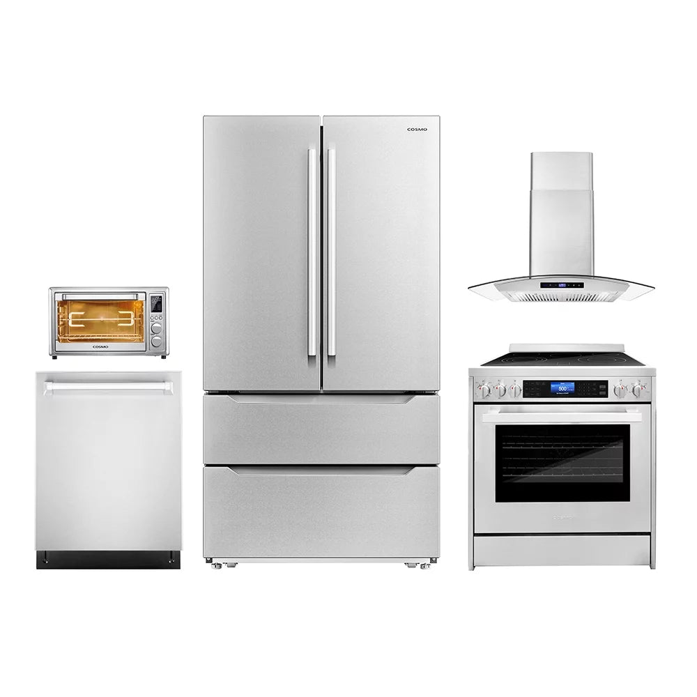 5 Piece Kitchen Package with 30" Freestanding Electric Range 30" Wall Mount Range Hood 24" Built-in Fully Integrated Dishwasher French Door Refrigerator & 20" Electric Air Fryer Toaster Oven