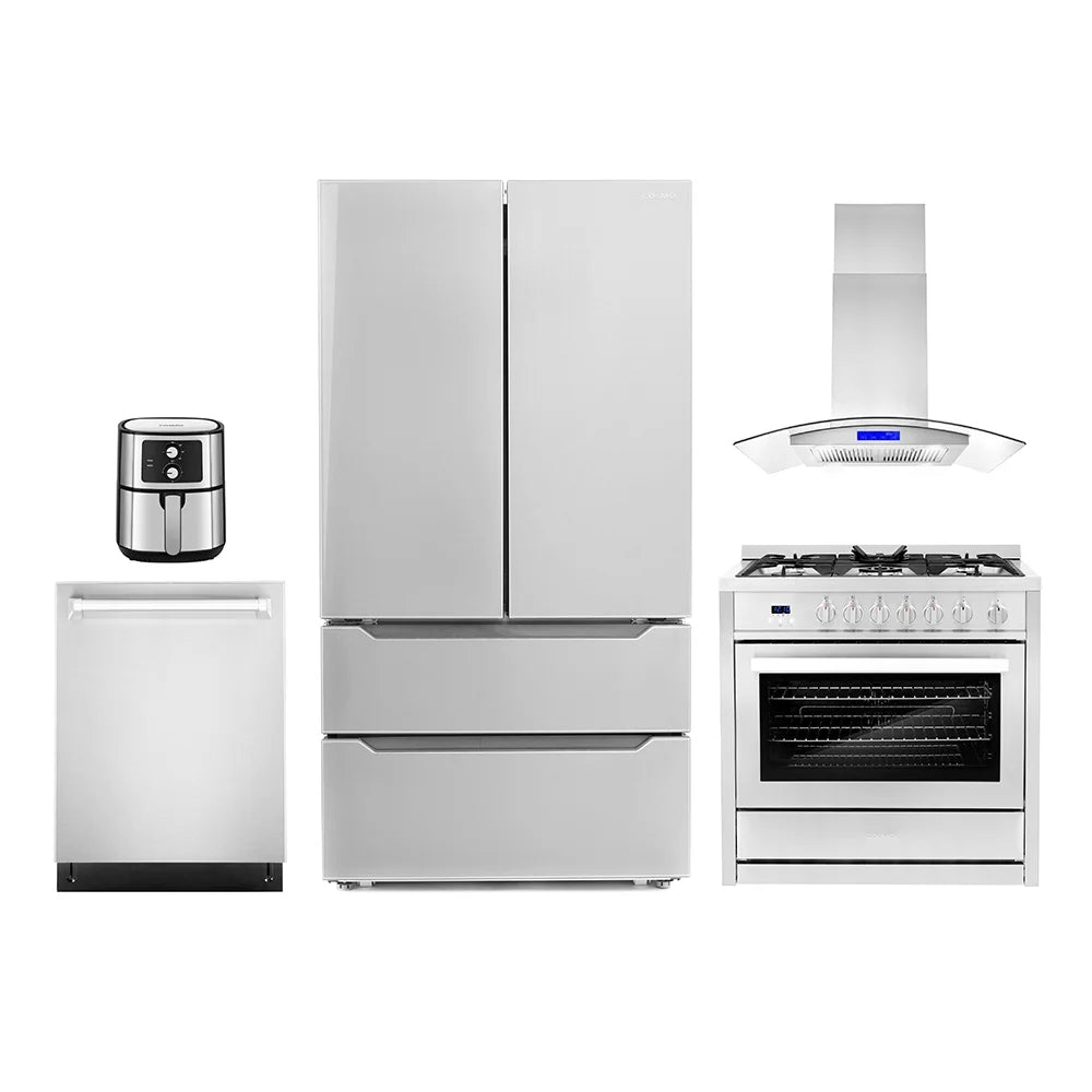 5 Piece Kitchen Package with 36" Freestanding Gas Range 36" Island Range Hood 24" Built-in Fully Integrated Dishwasher French Door Refrigerator & 5.5L Electric Hot Air Fryer