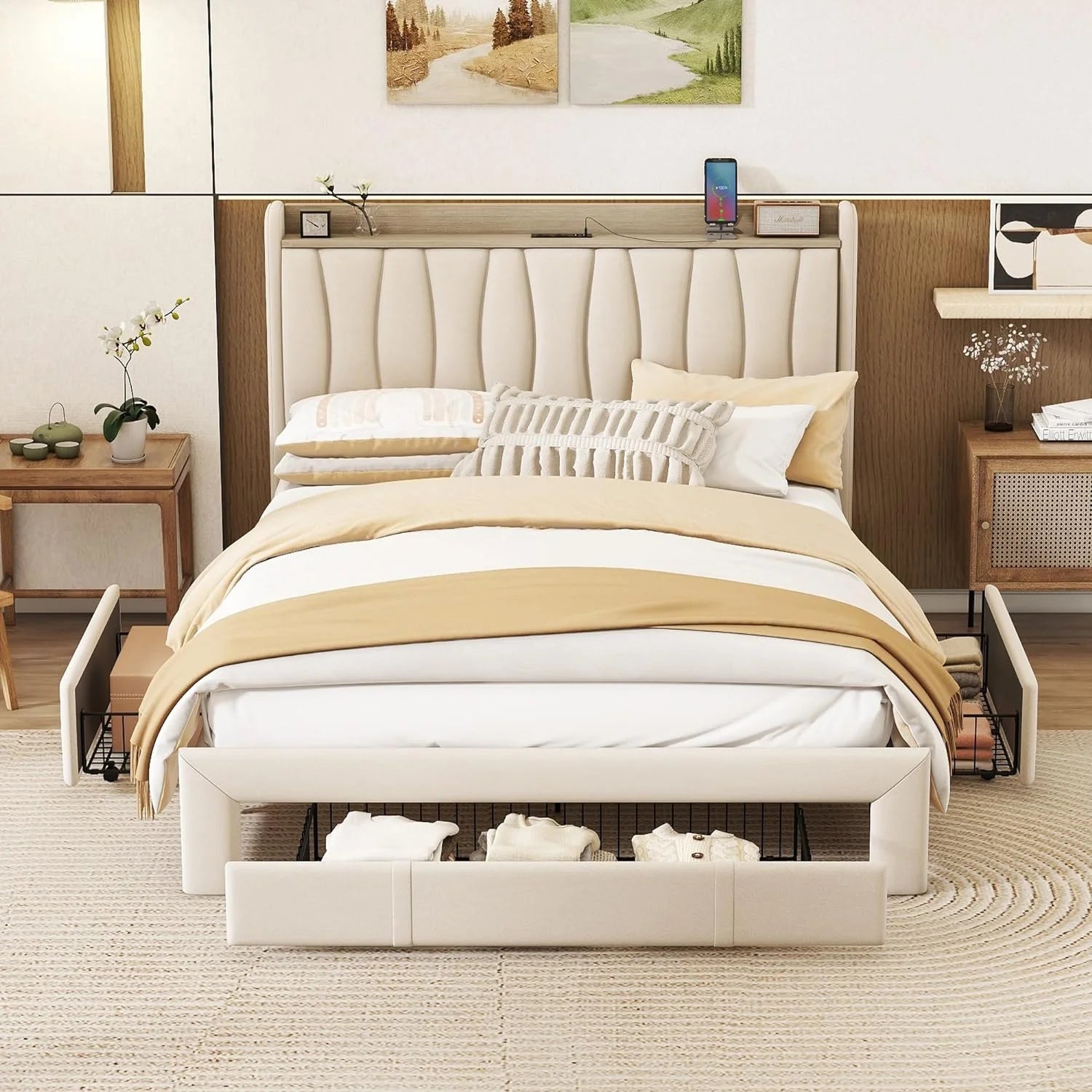 Bed With Storage, Wood Platform Bed Frame With 3 Drawers, Kids Bed With Wood Slat Support, o Box Sprig eeded,Cherry