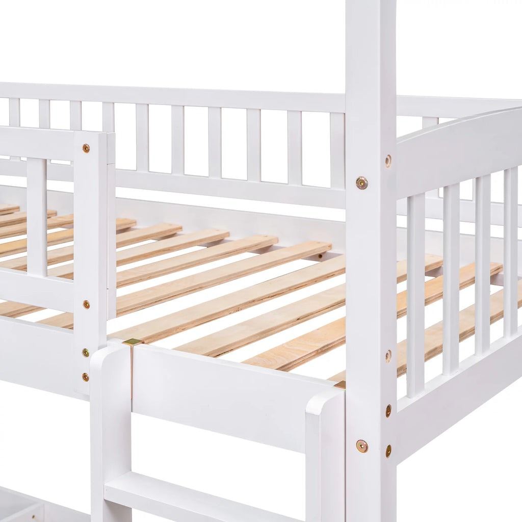 Aukfa Twin over Twin Bunk Bed with Slide, L-Shaped House Bunk Bed for Kids, Boys and Girls, Wooden - White