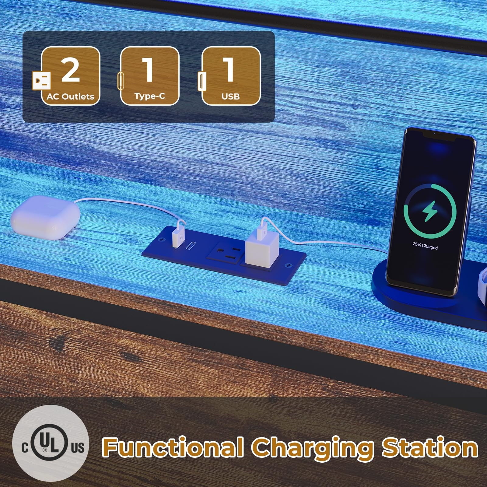 Afuhokles LED King Bed Frame with Outlets and USB Ports, Metal Platform Bed with 2-Tier Storage Headboard and LED Lights, Vintage Brown