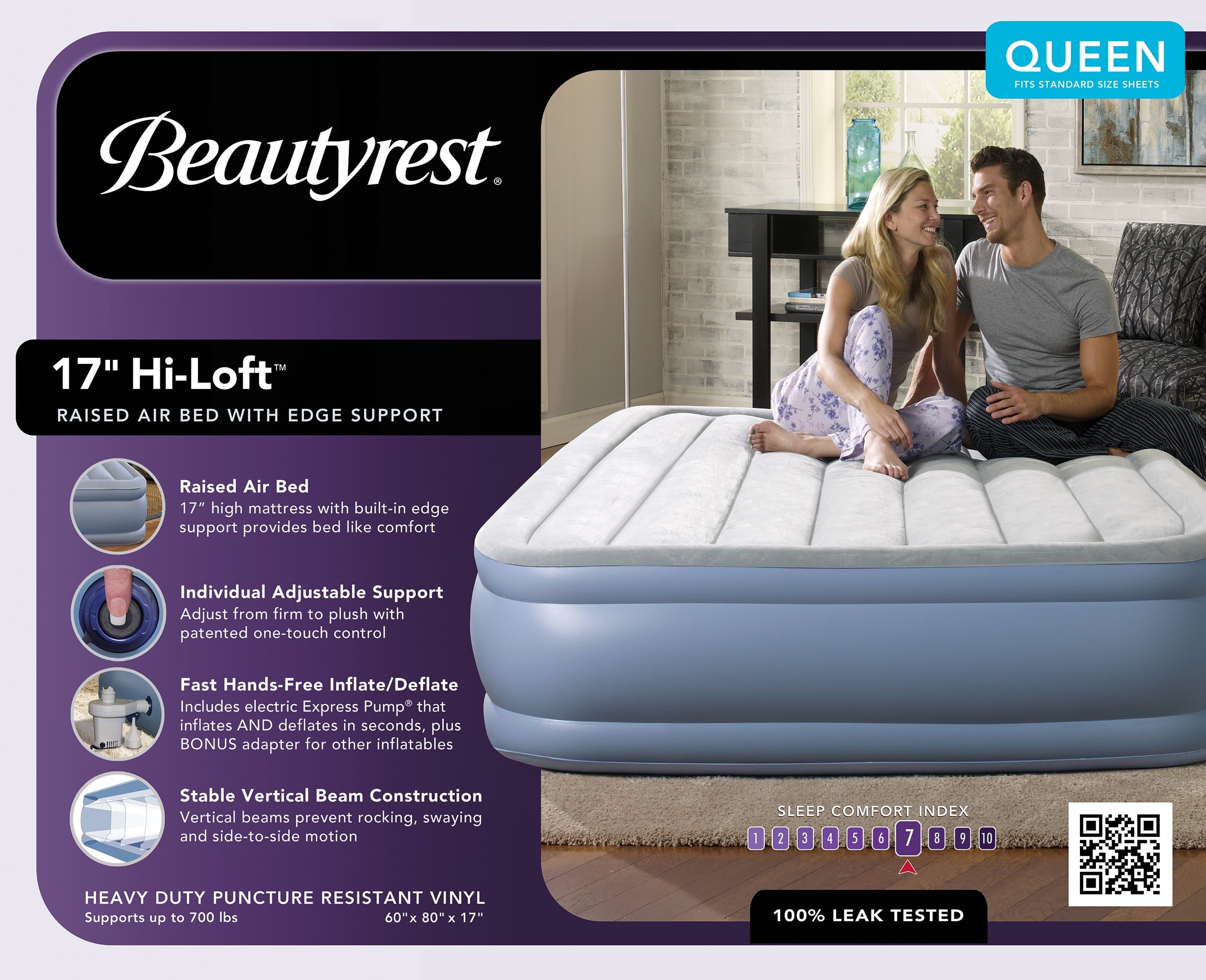 Beautyrest Hi Loft 17" Queen Air Bed Mattress, Raised Inflatable Blow-Up Bed, Powerful Pump, Adjustable Firmness