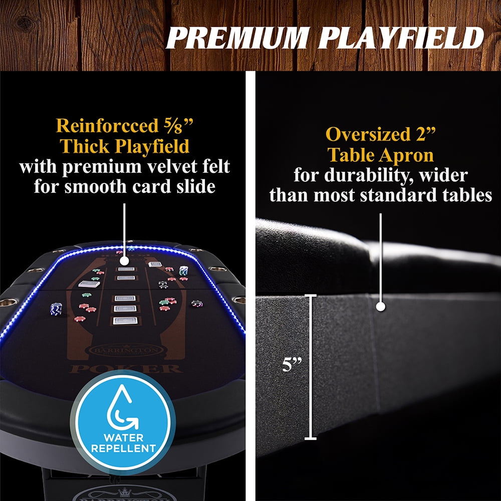 Barrington 10-Player Poker Table with In-laid LED Lights, Brown and Black