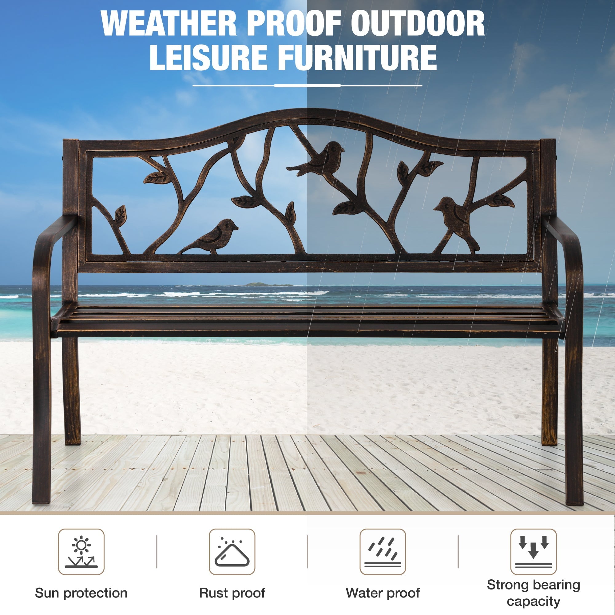 Alpha Joy 50” Outdoor Metal Patio Garden Bench for Lawn, Park, Deck - Red Bird