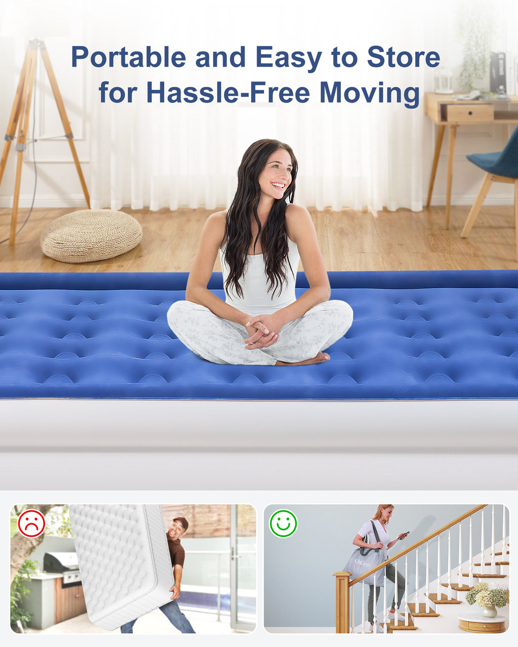 18 inch Queen Size Air Mattress with Built-in-Pump, Inflatable Air Beds, Blow Up Raised Mattresses, Navy Blue