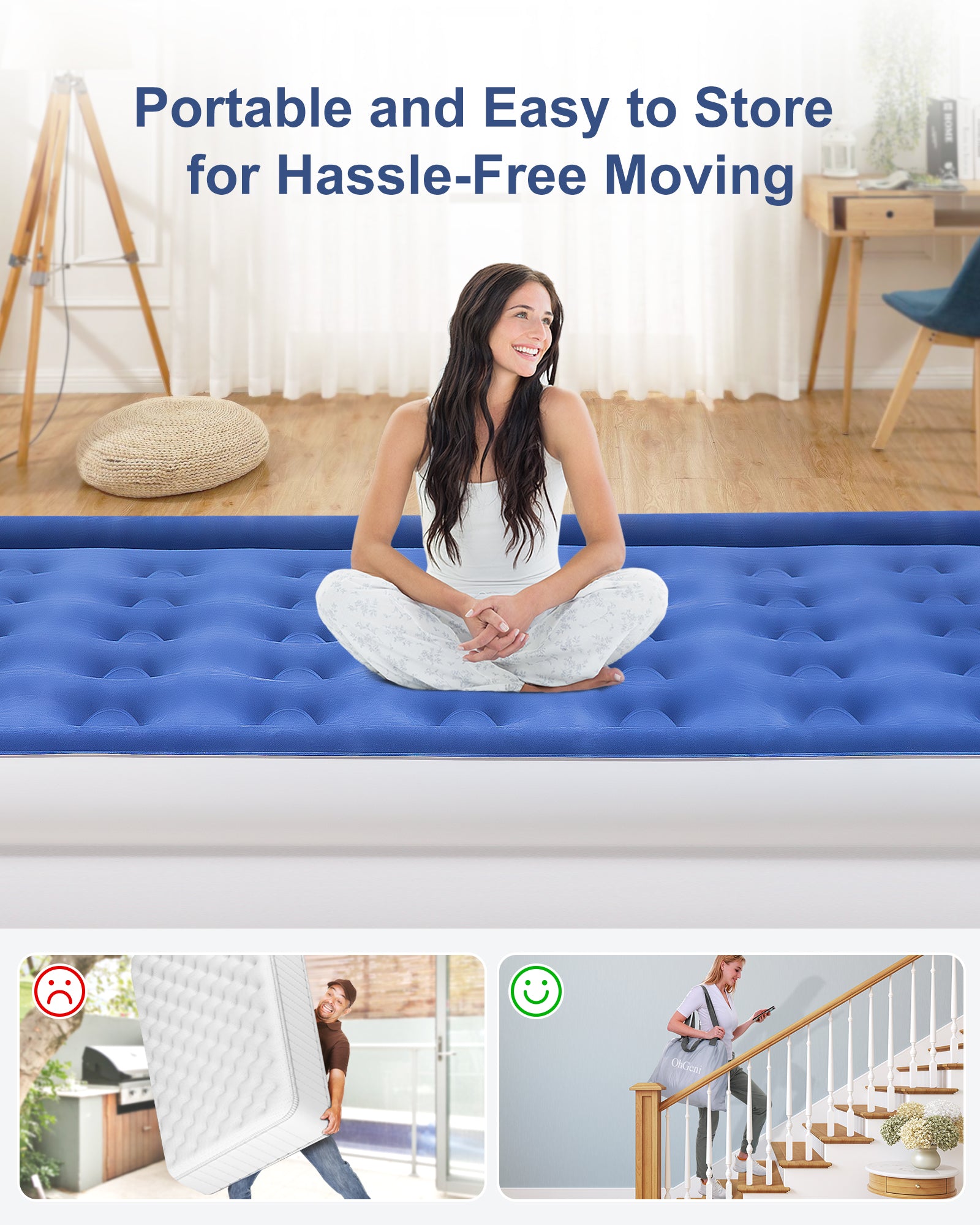 18 inch Queen Size Air Mattress with Built-in-Pump, Inflatable Air Beds, Blow Up Raised Mattresses, Navy Blue