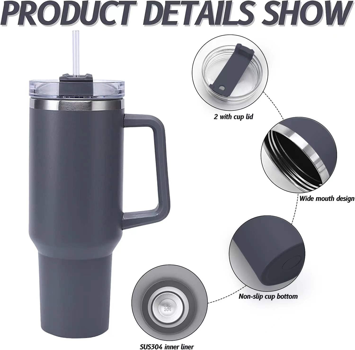 40 oz Tumbler with Handle Stainless Steel Insulated Travel Coffee Mug Double Wall Vacuum Straw for Ice Drinks & Hot