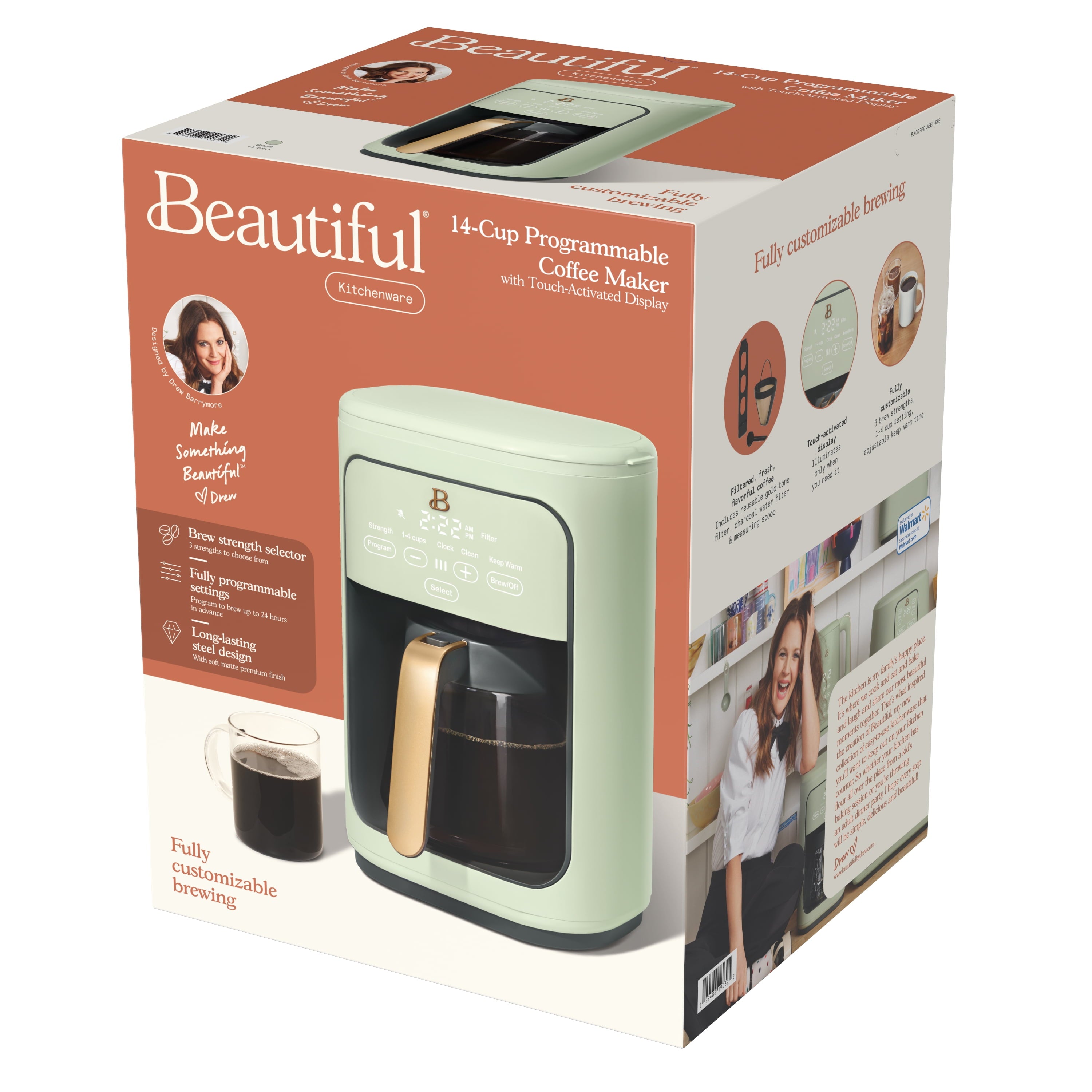 Beautiful 14-Cup Programmable Drip Coffee Maker with Touch-Activated Display, White Icing by Drew Barrymore