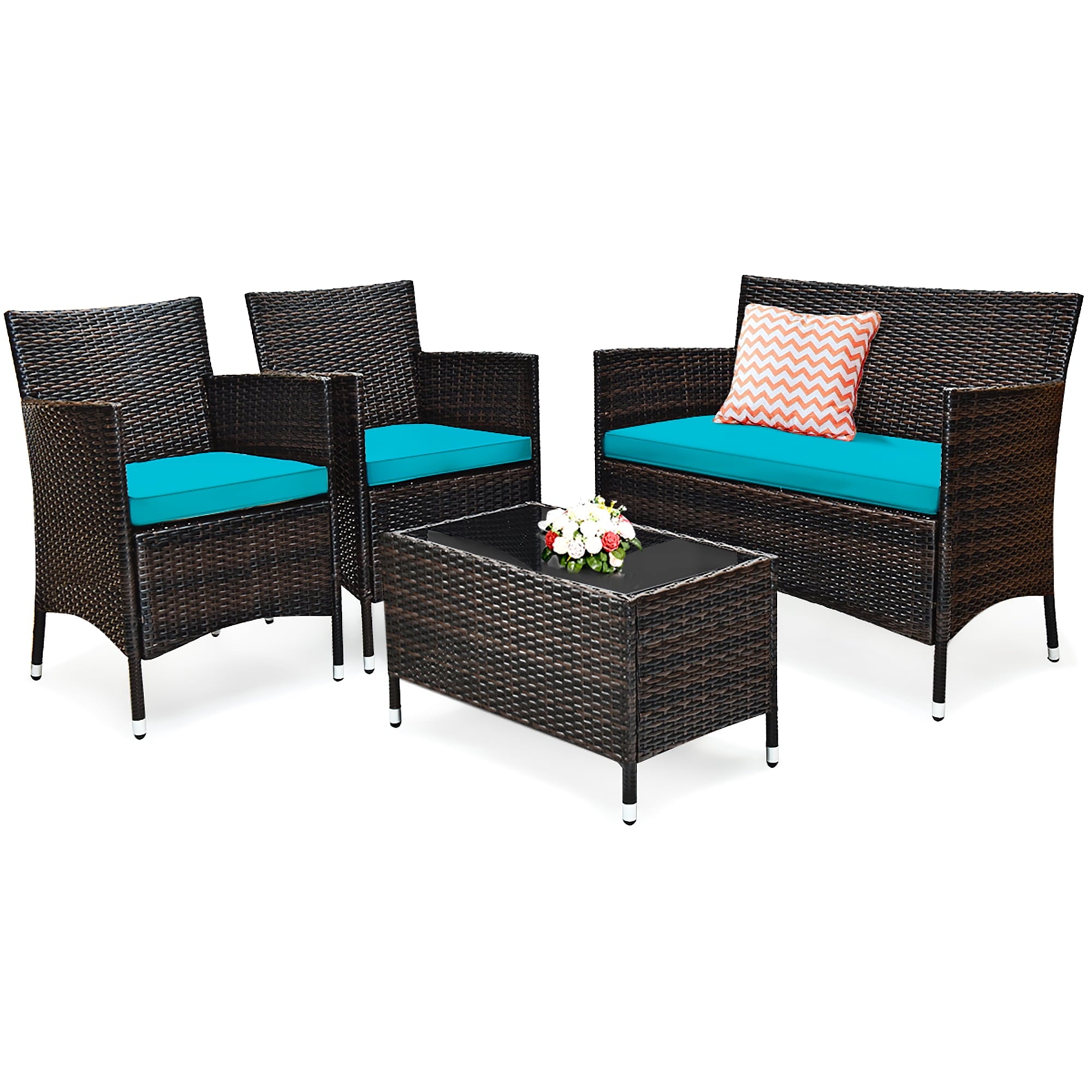 4PCS Outdoor Patio PE Rattan Wicker Table Shelf Sofa Furniture Set With Cushion