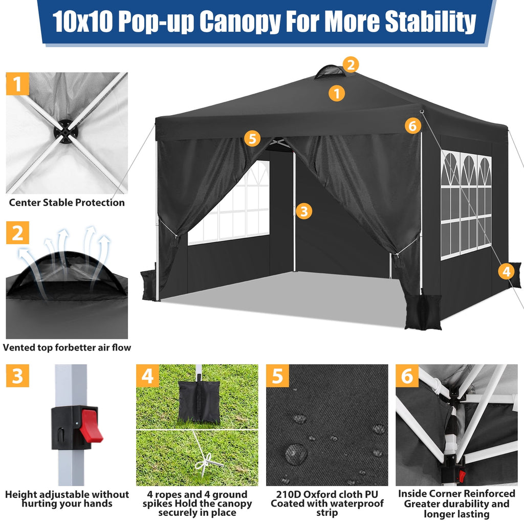10'x10' EZ Pop Up Canopy with Top Vent, Large Commercial Tent, Waterproof and Sunproof with 4 Removable Sidewalls, Suitable for Weddings come with 4 Sandbags (Black)