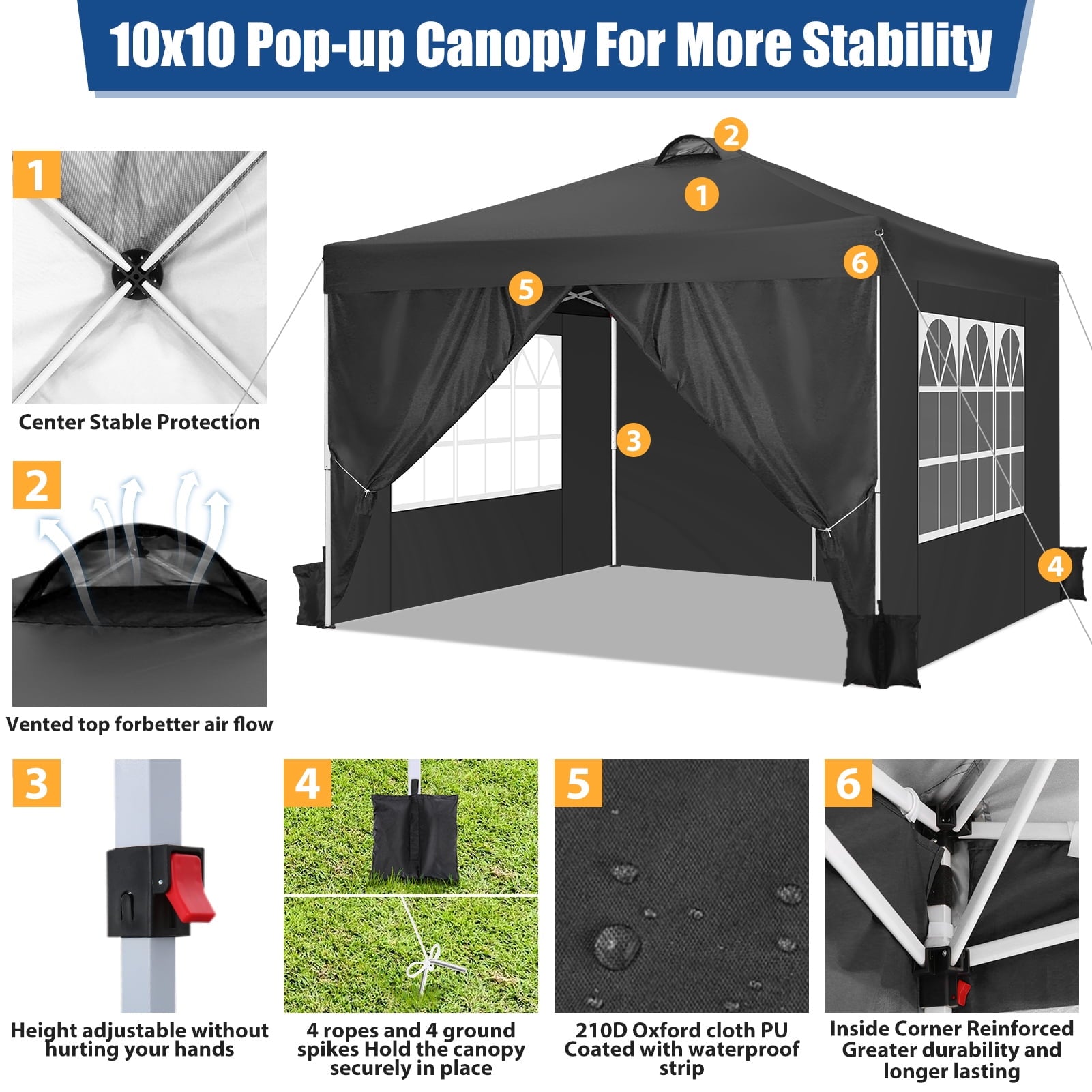 10'x10' EZ Pop Up Canopy with Top Vent, Large Commercial Tent, Waterproof and Sunproof with 4 Removable Sidewalls, Suitable for Weddings come with 4 Sandbags (Black)