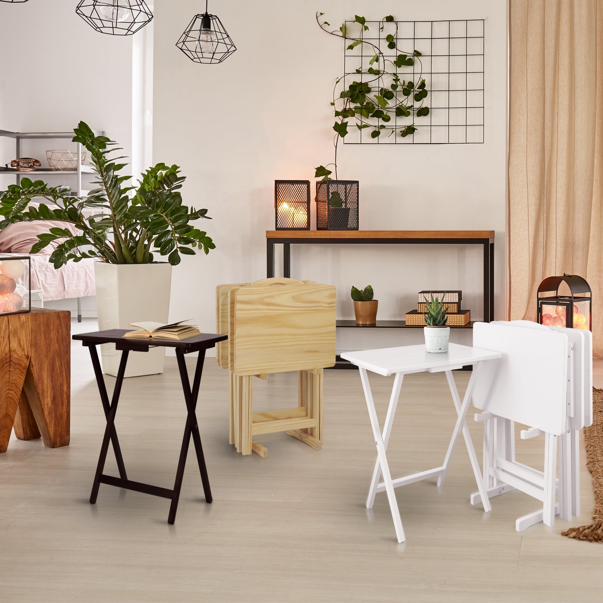 5 Piece TV Tray Table Set in White (4 Trays, 1 Stand)