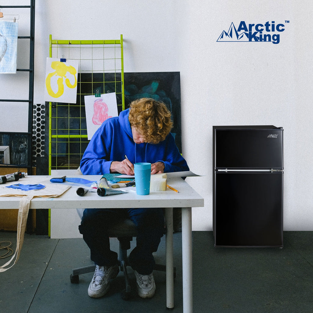 Arctic King 3.2 Cu ft Two Door Mini Fridge with Freezer, Stainless Steel, E-Star, ARM32D5ASL