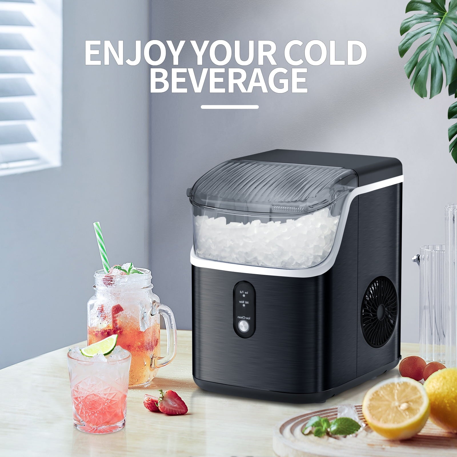 Auseo Nugget Ice Maker Countertop, Portable Ice Maker Machine with Self-Cleaning Function, 33lbs/24H, Easy Operation, Pellet Ice Maker for Home/Kitchen/Office/Party-Stainless Silver