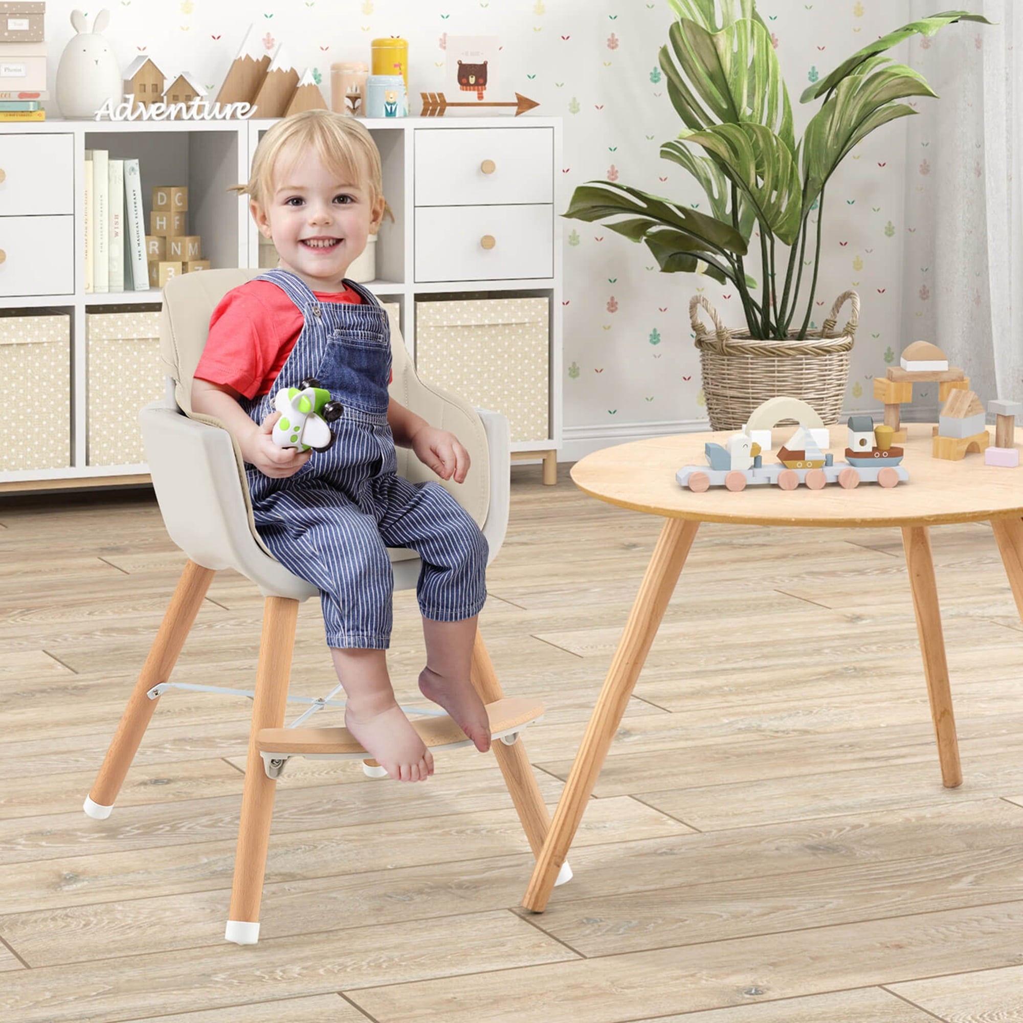Babyjoy 3 in 1 Convertible Wooden High Chair Toddler Feeding Chair with Cushion Beige