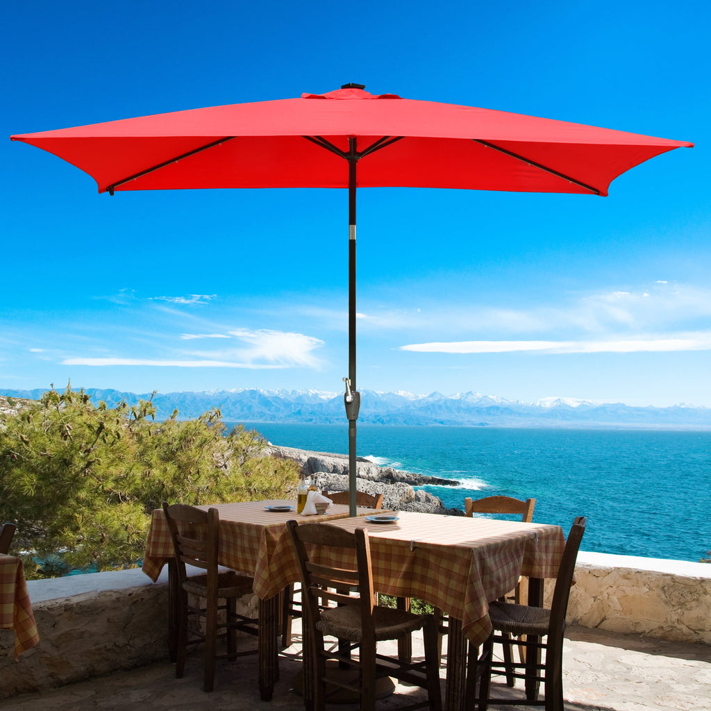 10x6.5ft Rectangle Outdoor Patio Beach Market Aluminium Umbrella Sun Shade Solar Powered Led Light Crank Tilt (Red)