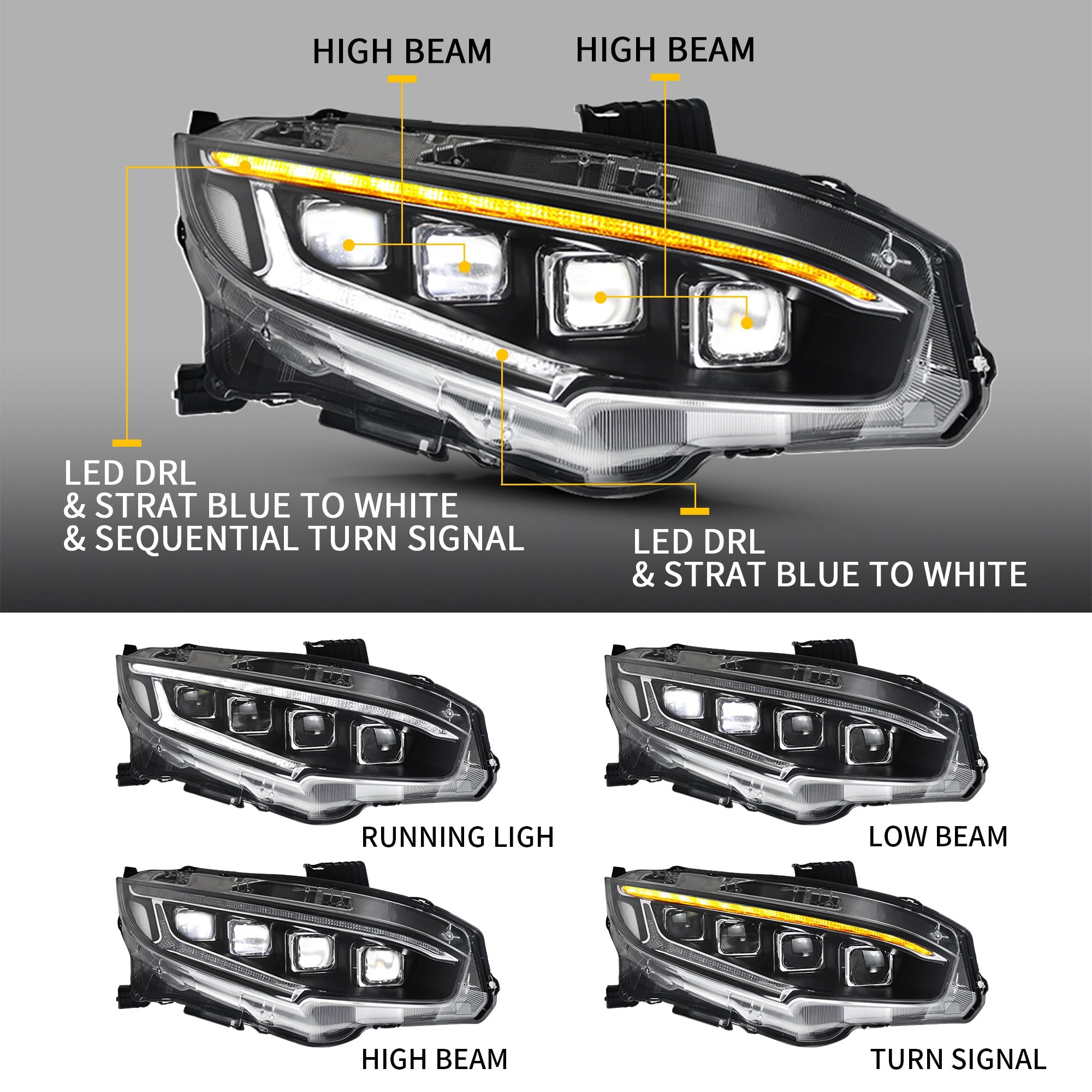 2016-2021 Honda Civic Sedan Hatchback Coupe LED Front Headlights