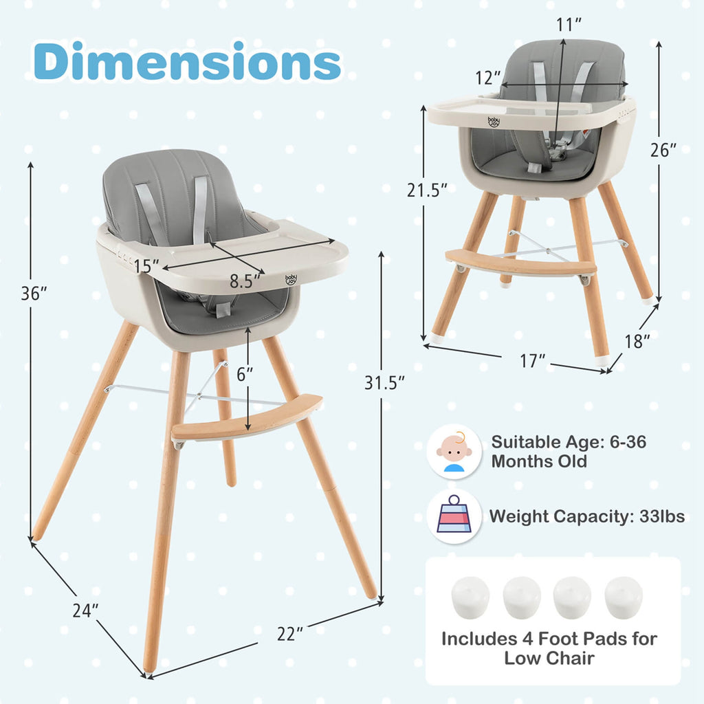 Babyjoy 3 in 1 Convertible Wooden High Chair Toddler Feeding Chair with Cushion Beige