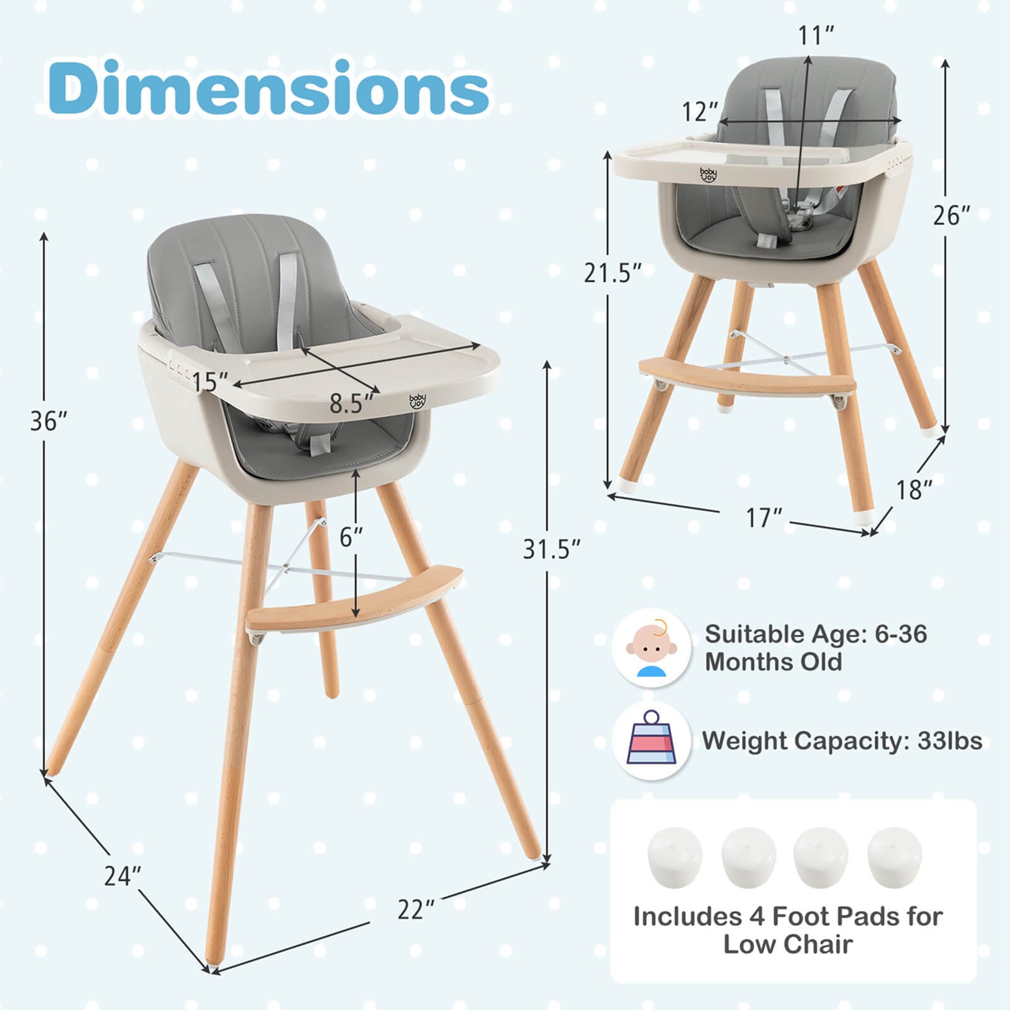 Babyjoy 3 in 1 Convertible Wooden High Chair Toddler Feeding Chair with Cushion Beige