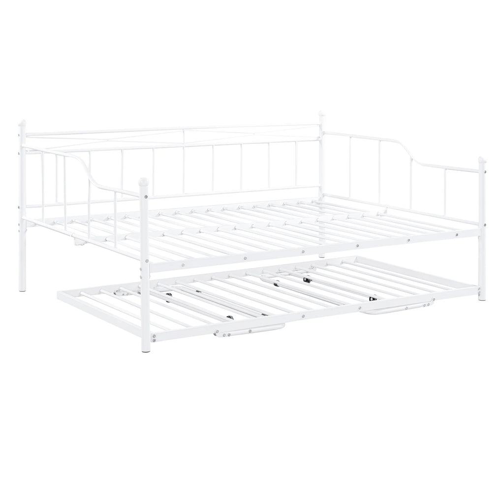 Bellemave Full Size Metal Daybed with Twin Size Adjustable Trundle,Portable Folding Trundle,Heavy-Duty Steel Daybed Frame with Pull Down Trundle Bed Space Saving Design(White)