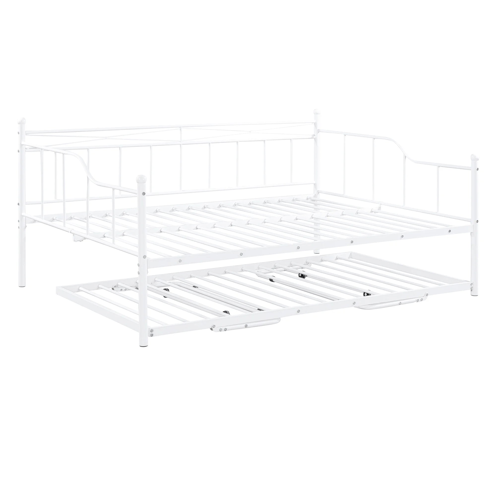 Bellemave Full Size Metal Daybed with Twin Size Adjustable Trundle,Portable Folding Trundle,Heavy-Duty Steel Daybed Frame with Pull Down Trundle Bed Space Saving Design(White)