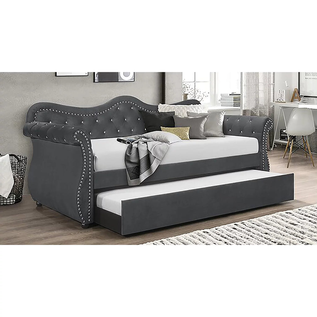 Abby Upholstered Velvet Wood Daybed with Trundle in Gray