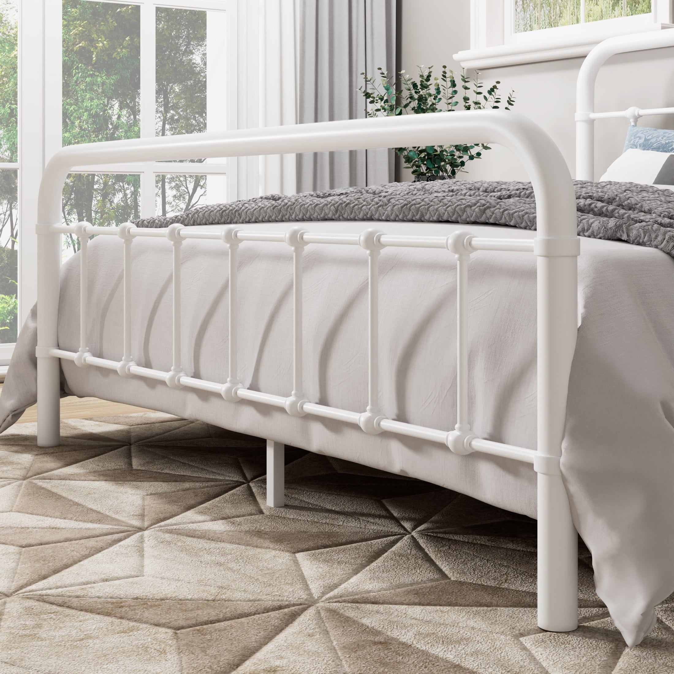 Allewie Queen Size Metal Platform Bed Frame with Victorian Style Wrought Iron-Art Headboard/Footboard, White
