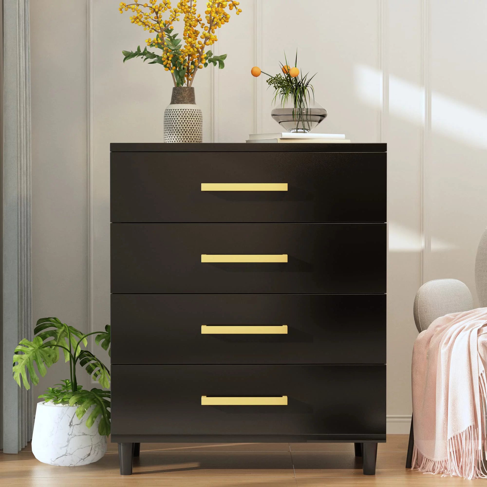 AWQM Drawer Dresser, Modern Dresser Chest with 4 Drawers and Metal Handles, for Bedroom, Office, Living Room, Black