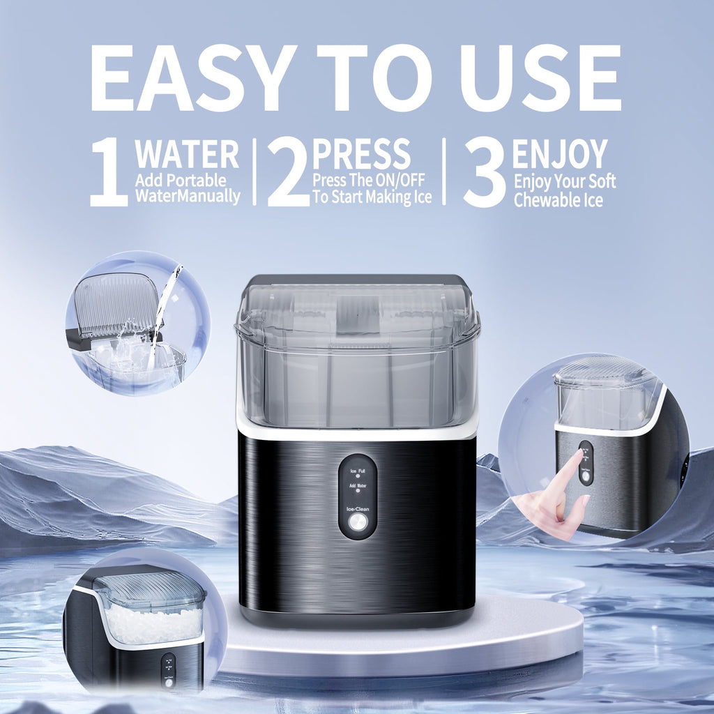 Auseo Nugget Ice Maker Countertop, Portable Ice Maker Machine with Self-Cleaning Function, 33lbs/24H, Easy Operation, Pellet Ice Maker for Home/Kitchen/Office/Party-Stainless Silver