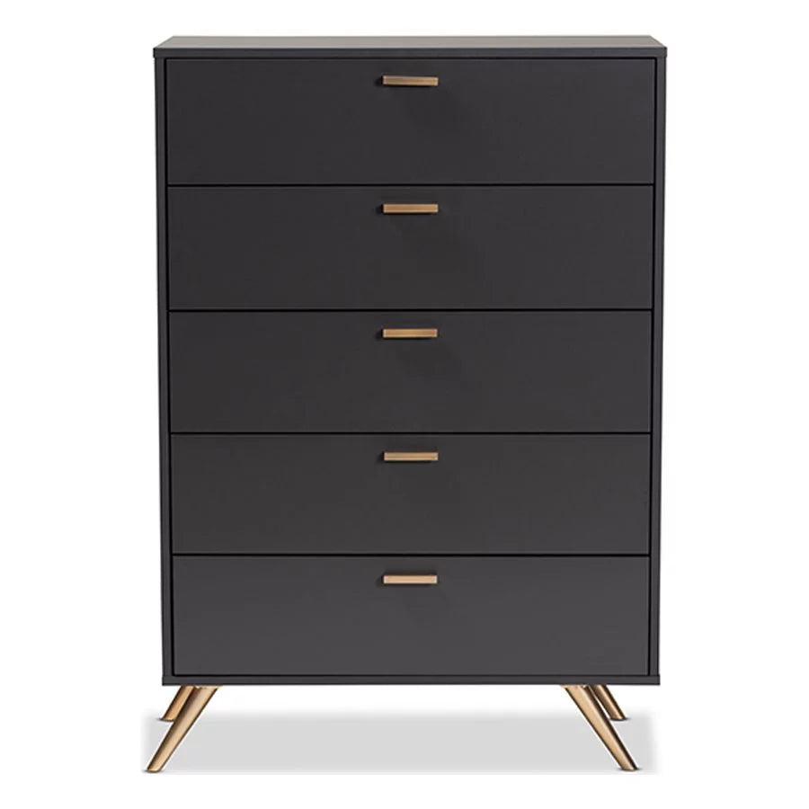 Baxton Studio Kelson Modern and Contemporary Dark Grey and Gold Finished Wood 5-Drawer Chest