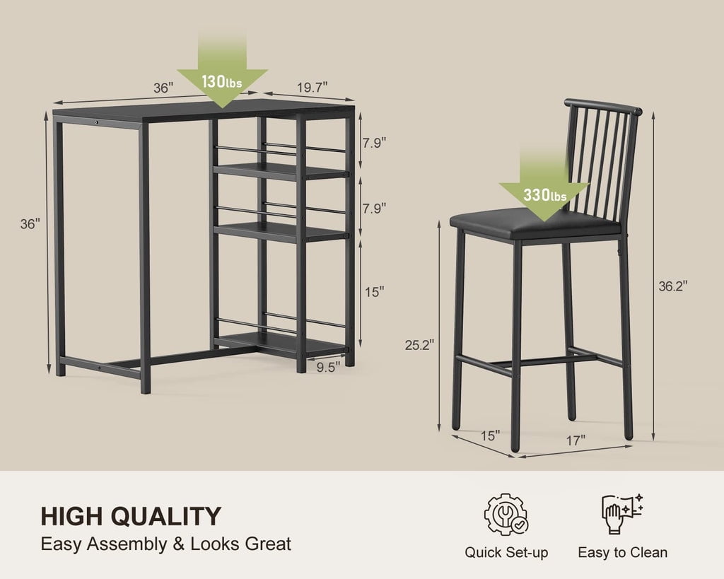 Aiho 3-Piece Wooden Counter Height Dining Table Set, Small Kitchen Table for Kitchen, Dining Room - Retro