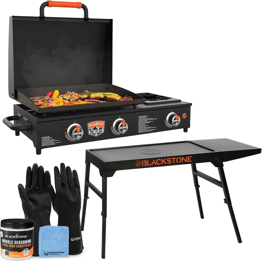 22 inch Blackstone Griddle with Hood, Side Burner, and Grill Stand, Tabletop Flat Top Grill Propane Portable Gas Grill and Outdoor BBQ Grill & Blackstone Seasoning and Wholesalehome Gloves and Cloth