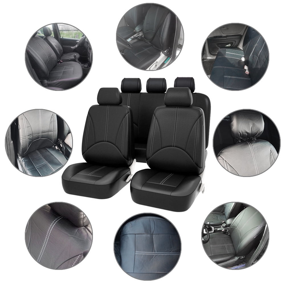 9Pcs PU Leather Car Seat Covers 5 Seats, Black Waterproof Four Seasons Universal Luxury Pad for Auto Truck Van SUV