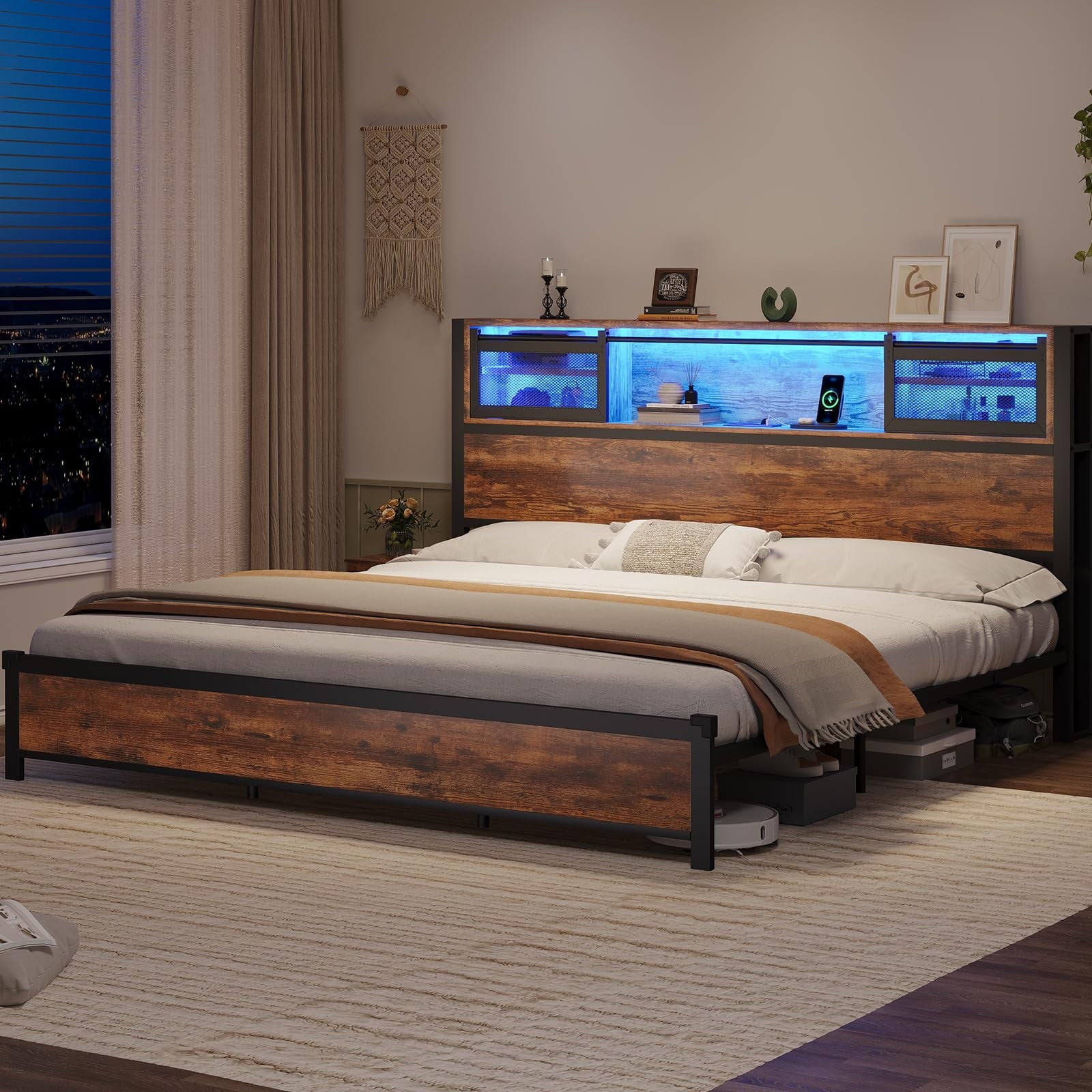 Afuhokles LED King Bed Frame with Outlets and USB Ports, Metal Platform Bed with 2-Tier Storage Headboard and LED Lights, Vintage Brown