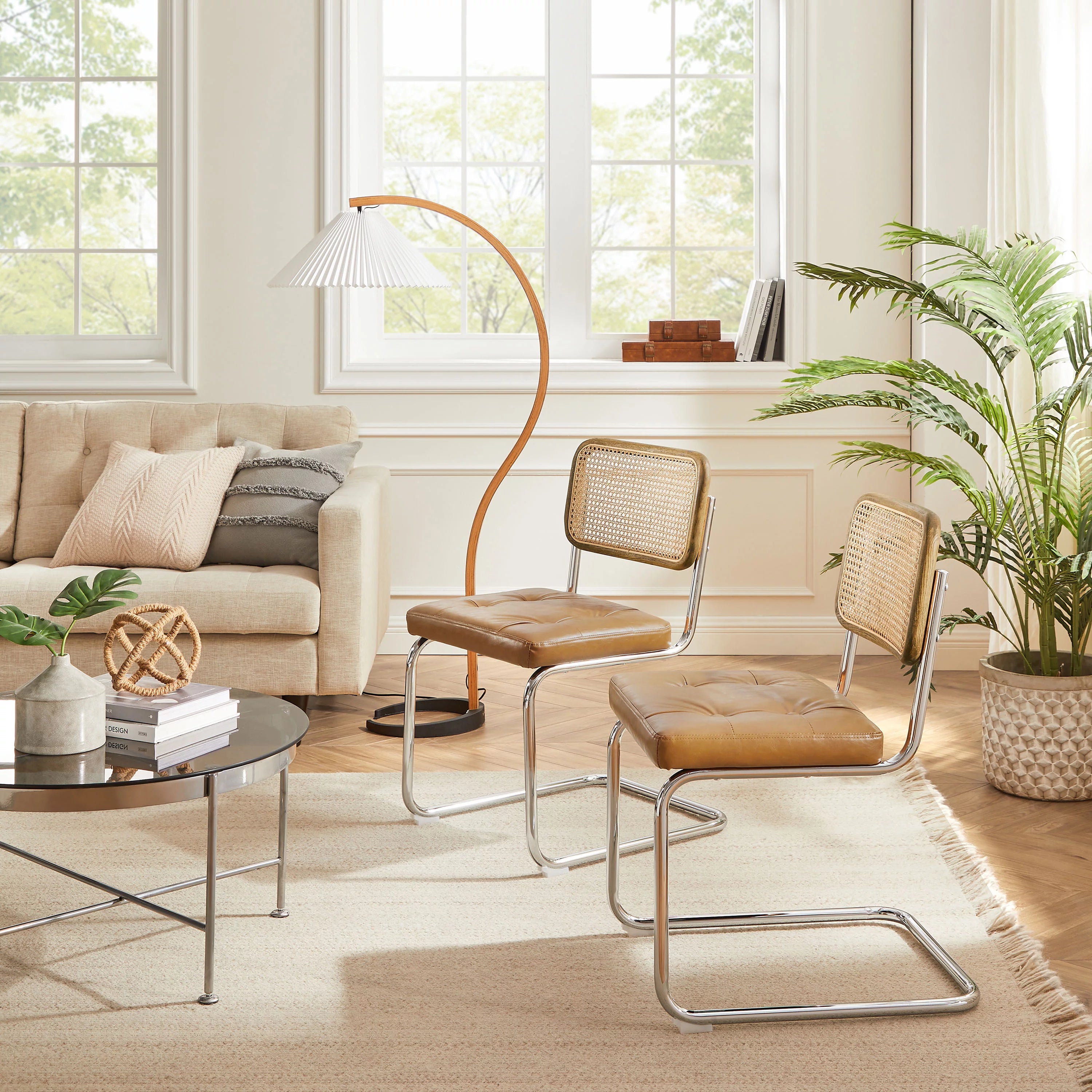 Art Leon Dining Chairs Set of 2,Rattan Upholstered Side Chairs with Cane Back, Faux Leather Dining Room Chairs, Yellow Brown