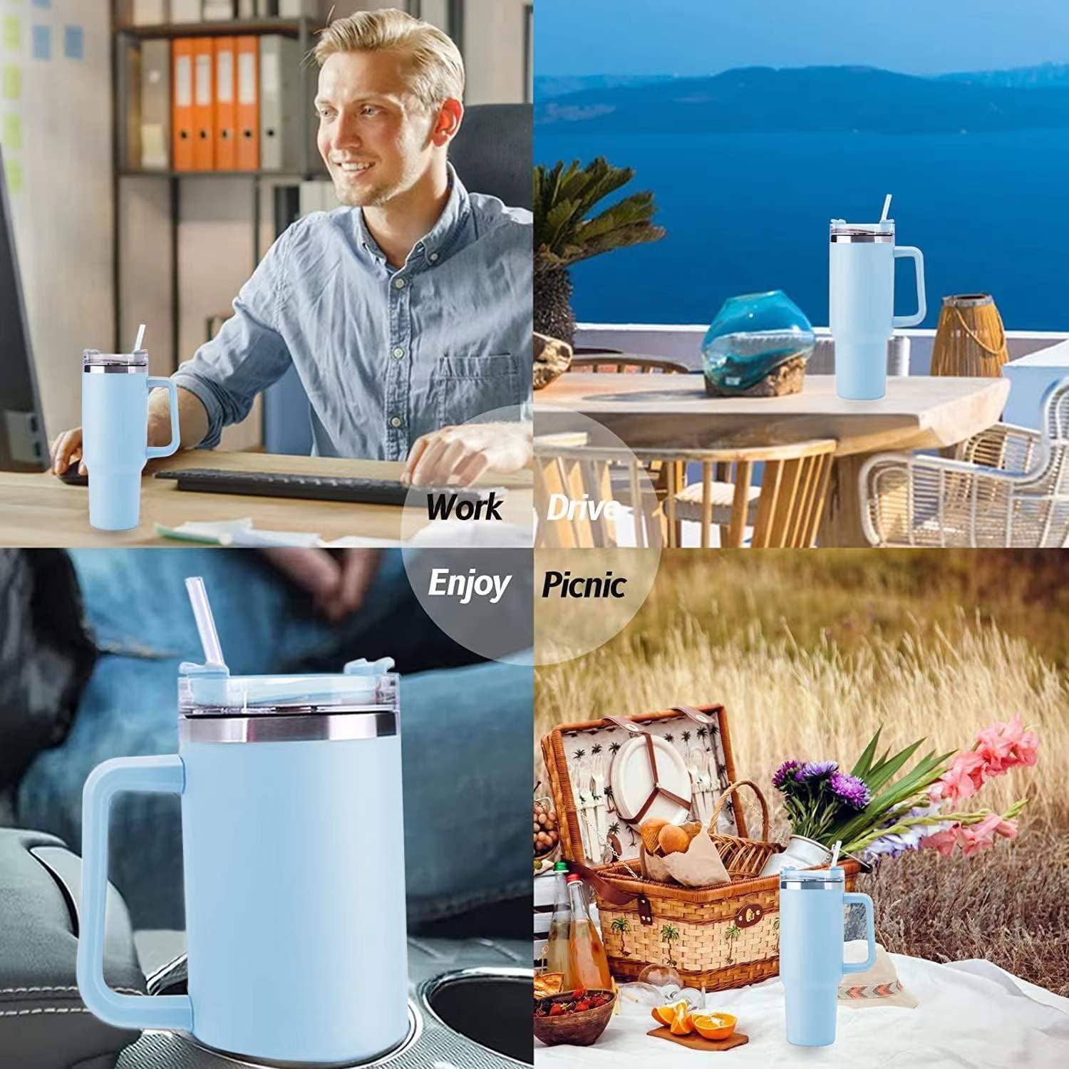40 oz Tumbler with Handle Stainless Steel Insulated Travel Coffee Mug Double Wall Vacuum Straw for Ice Drinks & Hot