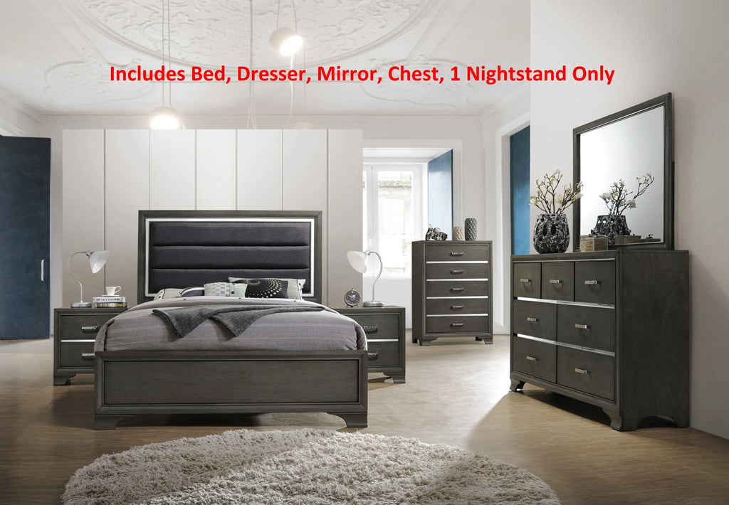 5 Piece Queen Size Modern Gray Wood With Upholstered Tufted Faux Leather Headboard Panel Bedroom Set (Bed, Dresser & Mirror, Chest, Nightstand)