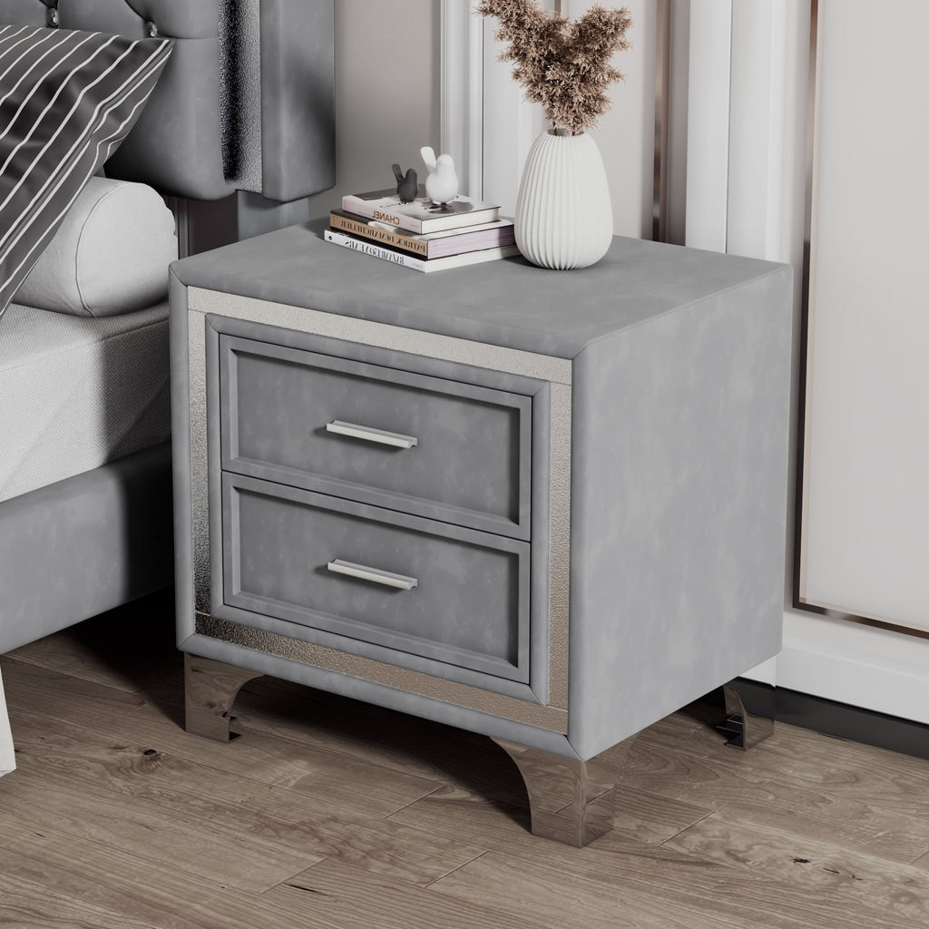 2-Drawer Nightstand with Metal Legs for Bedroom,Velvet Bedside Table-Gray