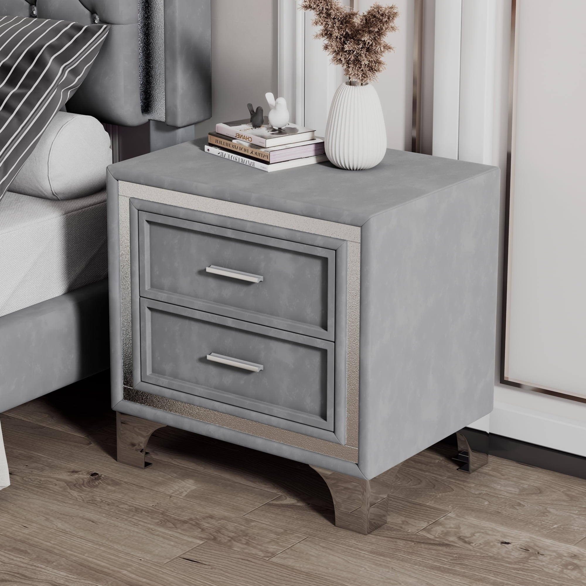 2-Drawer Nightstand with Metal Legs for Bedroom,Velvet Bedside Table-Gray
