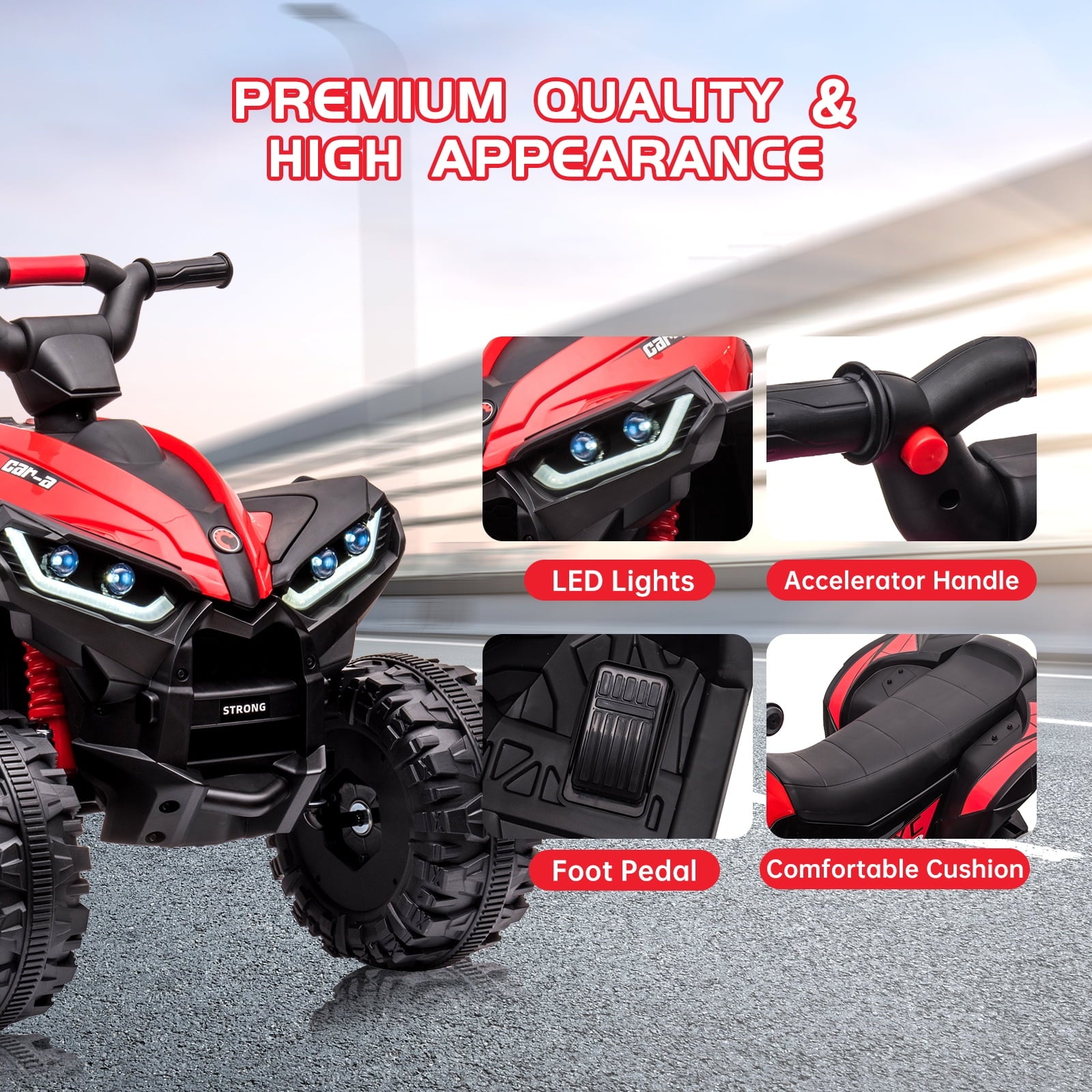 12V Kids Ride On ATV, Battery Powered Quad Toy Vehicle with Music, Horn, High Low Speeds, LED Lights, Electric Ride On Toy for Kids, Soft Start, Ride-On Fun