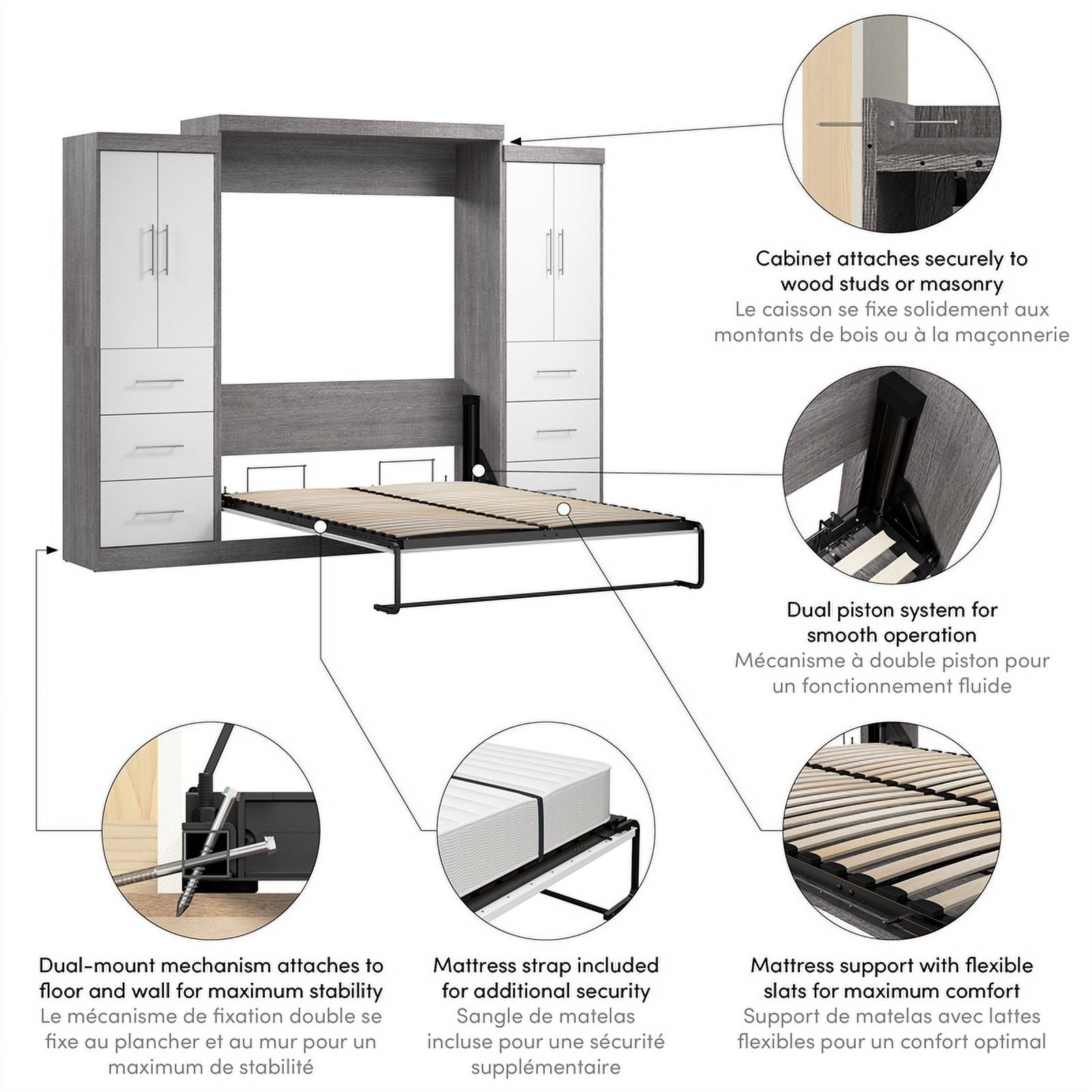 Atlin Designs 115" Engineered Wood Queen Wall Bed Kit in Bark Gray/White