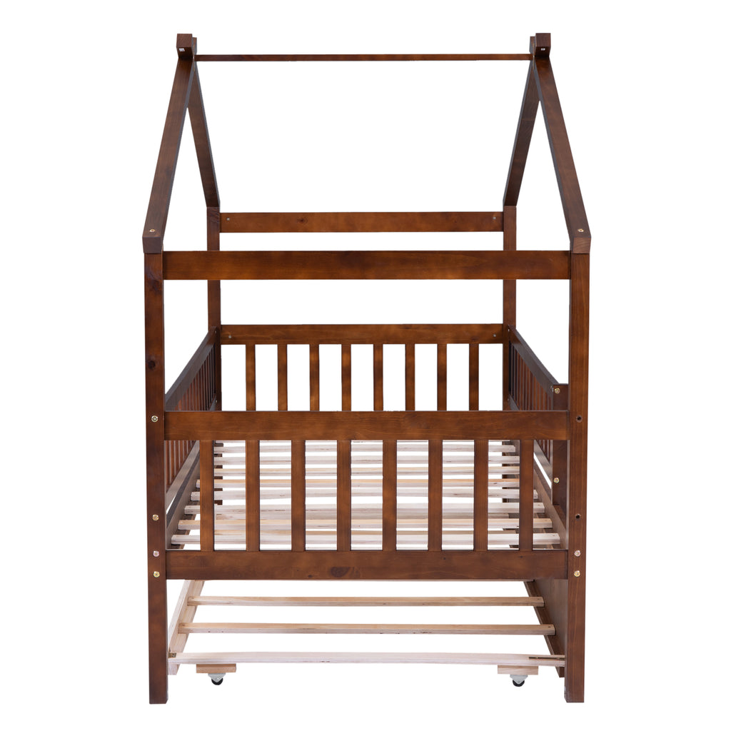 "Twin-Size Wooden House-Shaped Bed with Matching Twin-Size Trundle in Elegant Walnut Finish"